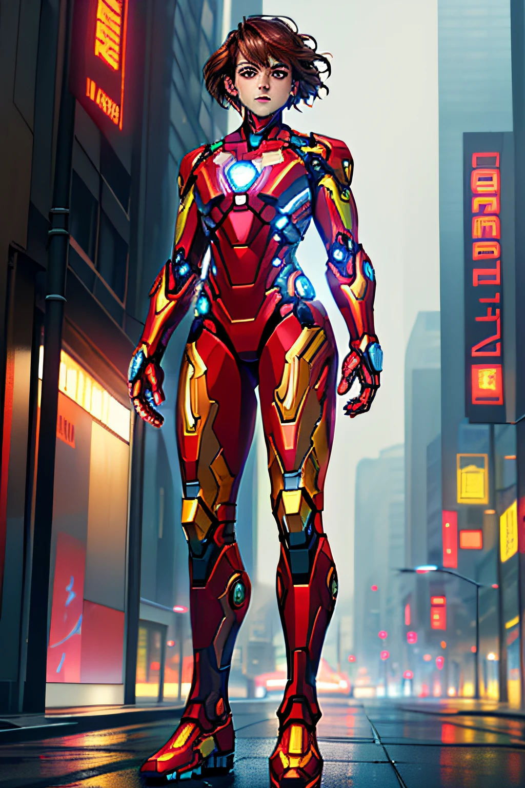 araffed woman in a suit of iron man standing in front of a building, iron man, like ironman, cyberpunk iron man, ironman, hq 4k wallpaper, emma watson as iron man, cinematic body shot, cinematic full body shot, hero pose colorful city lighting, marvel style, covered in full metal armor, hq 4k phone wallpaper