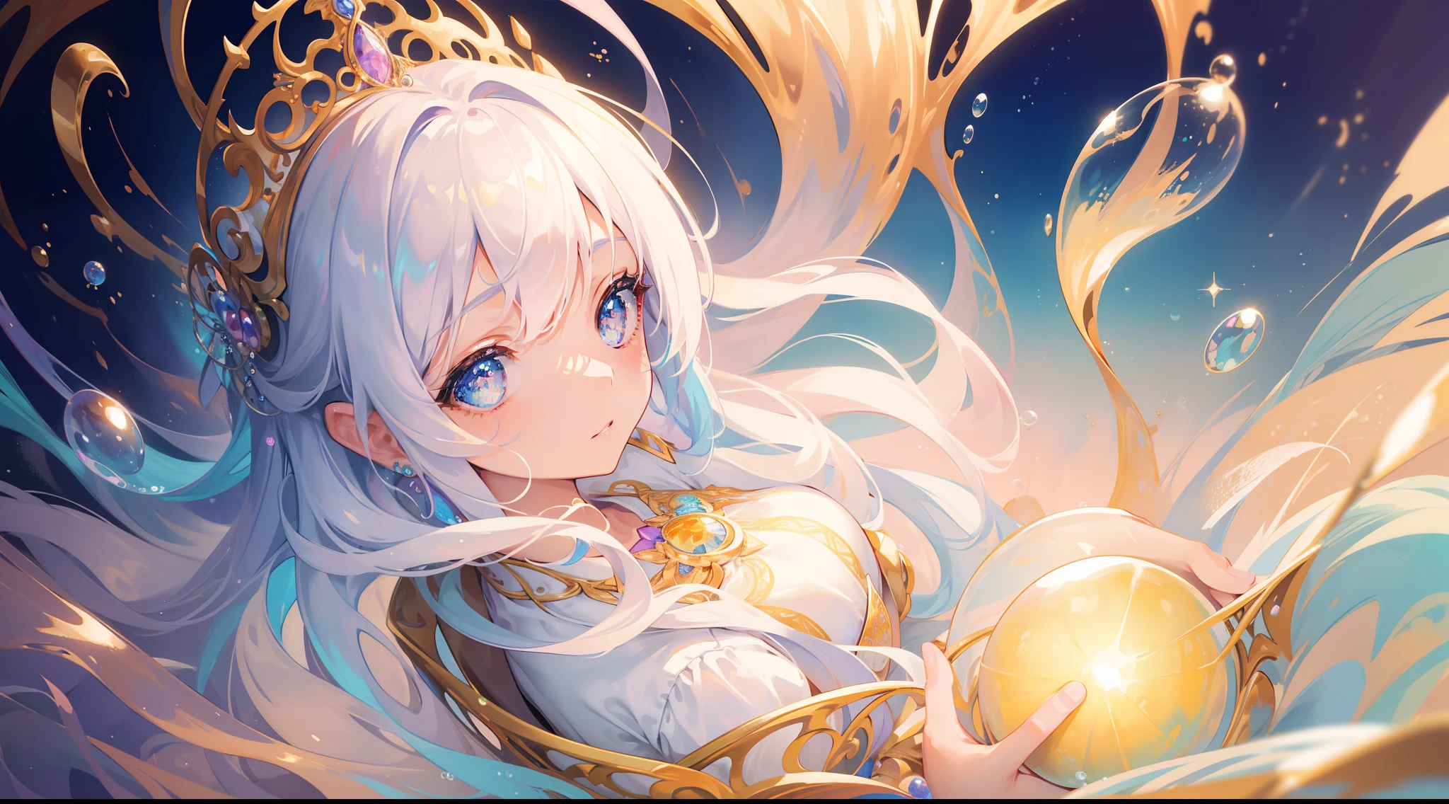 masterpiece, best quality, 8k resolution, sharp focus, intricate detail, beautiful girl, sparkling eyes, golden ratio face, otherworldly liquid, watercolor, pastel colors, bright colors, whimsical, colorful, sharp focus, high resolution, fine detail, princess fantasy ballgown, ((round eyes)), iridescent bubbles