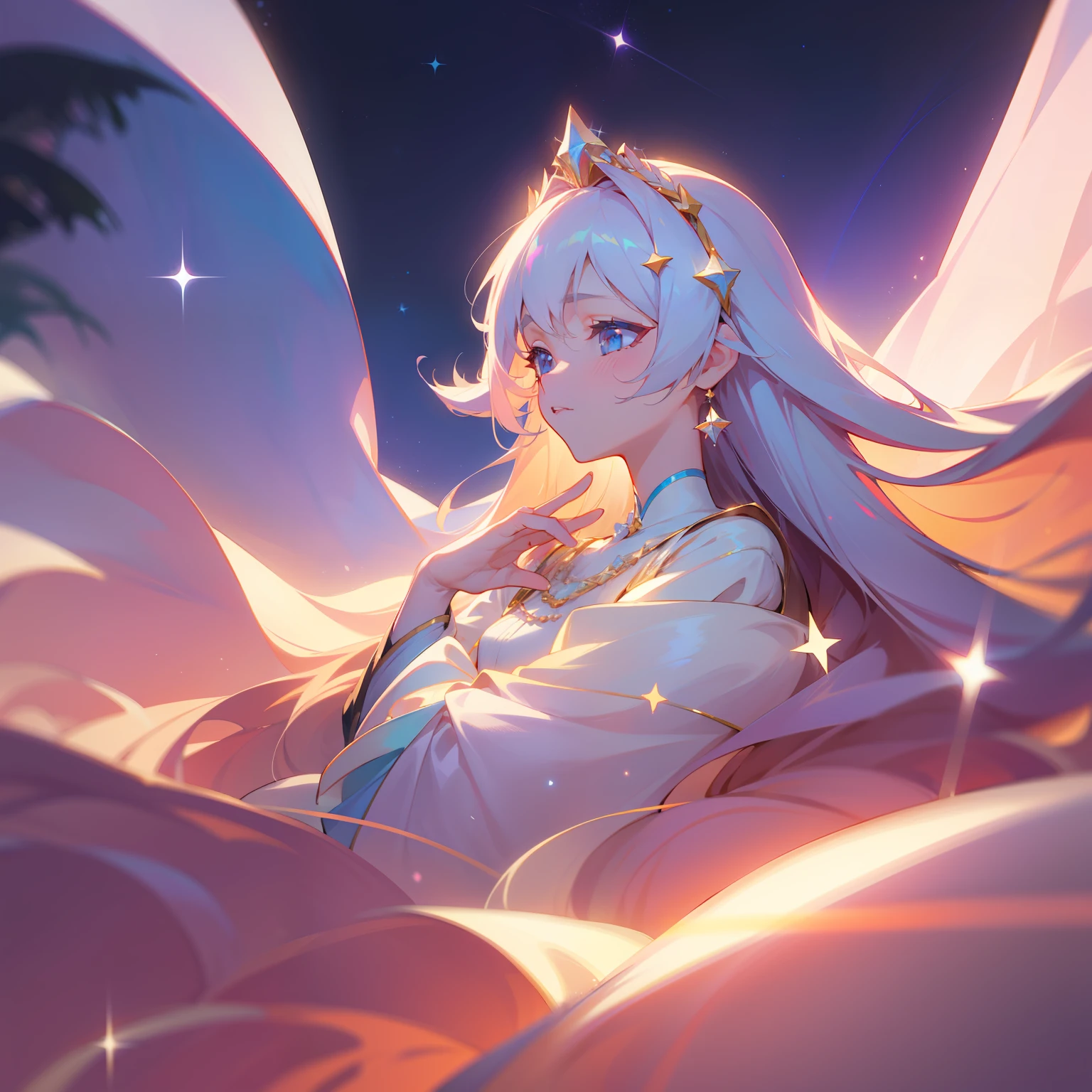 starryskybackground,Gradient,Elegant princess,long whitr hair,starlights,Pearl hair accessories,Extra-long hair,high light,Absolutely beautiful,3Drenderingof,Best Picture Quality,Soft focus,8K,pastels,Beautiful face,opulent