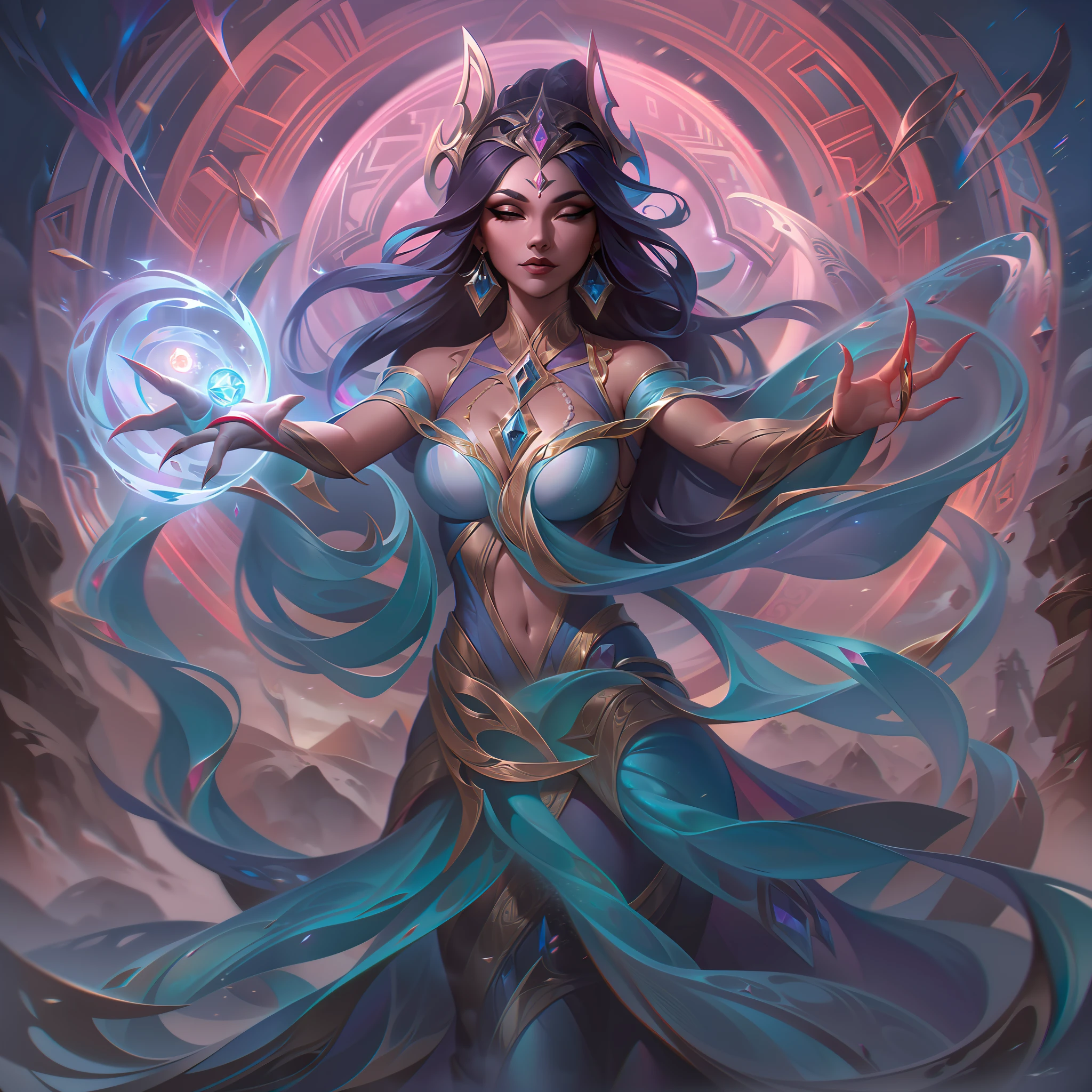 The base splash art of "Surdjhai, the Onychokinetic" presents a captivating and mystical scene. Surdjhai, a wielder of Onychokinesis powers, takes center stage, exuding an aura of arcane elegance.

In the artwork, Surdjhai stands with an air of confidence and poise, surrounded by a swirl of sparkling, luminescent energy. Her graceful demeanor and flowing robes reflect her mastery over Onychokinesis - the ability to control and manipulate nails and claws.

Surdjhai's hands are outstretched, and her fingertips emit a radiant glow, showcasing the focus of her Onychokinetic powers. From her fingertips, crystalline nails materialize in a mesmerizing display of intricate patterns and designs, signifying her control over this unique elemental force.

The background complements Surdjhai's powers, featuring an otherworldly and mystical setting with floating crystals and ethereal glows. This backdrop adds to the sense of wonder and magic surrounding her character.

The color palette is a mix of iridescent and ethereal shades, creating an enchanting and captivating visual experience. The overall composition exudes an aura of mysticism and power, capturing the essence of Surdjhai's Onychokinetic abilities and her enigmatic presence.