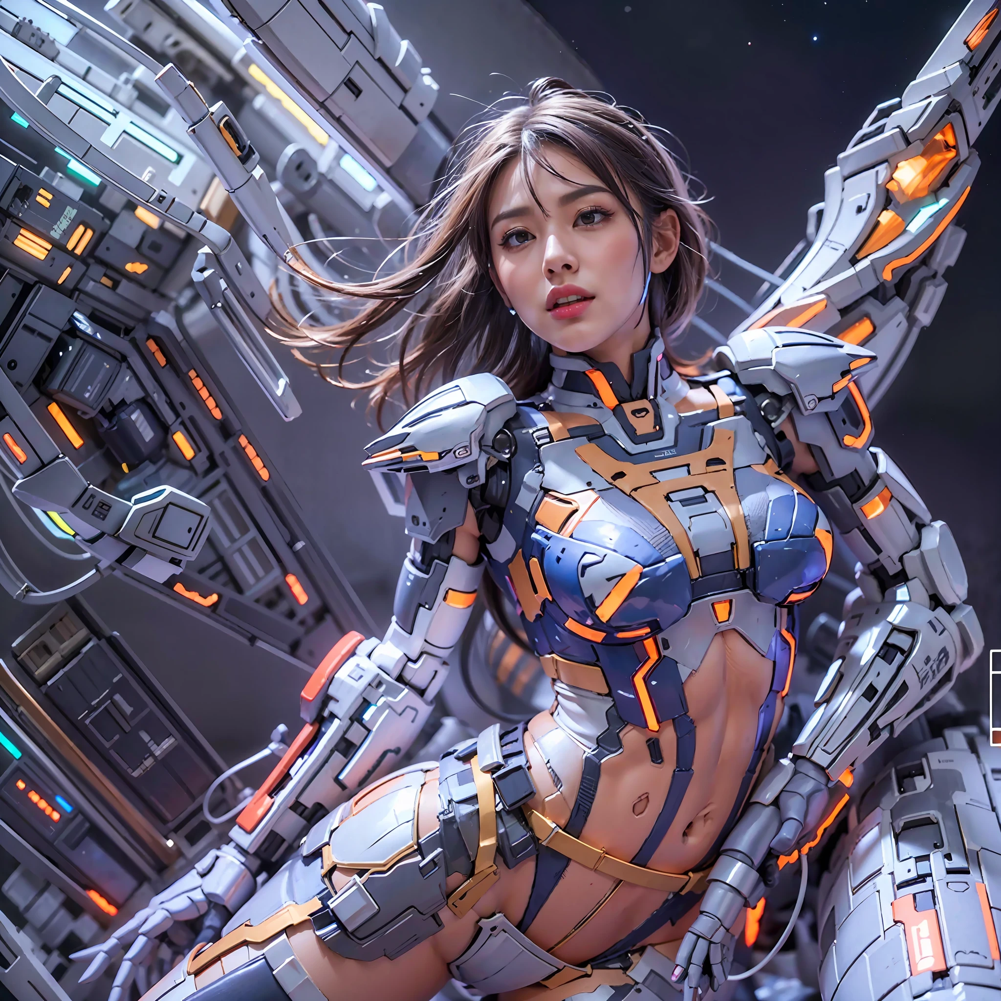 Full Body View CyberArmor Ultraman Empress is spreading her wings of light in outer space, ready to leap,The Ultra Armor Ultraman Empress in the ultra-wide-angle shot has an ethereal and graceful posture,Stretch out the light wings is magnificent,Cyberarmor Ultraman Empress has a sexy and atmospheric figure,K-cup teardrop-shaped giant tit chest tears the armor apart, making her sexy sex characteristics obvious body particularly attractive,She was facing the unfolding portal,Behind you is a bright starry sky and the wreckage of an enemy plane that exploded and crashed,At your feet is the planet Cyber,A glorious body cloaked in space rays,A pair of huge heterochromatic eyes of Kaziran,Those eyes had dreamy neon flashing pupils,The sexy and tight waist and abdomen line is sexy and graceful,Cyber Armor Ultraman Empress Beauty collarbone connects to slender shoulder arms,There are graceful hands that are ergonomic and physiologically normal,Knee-length fishnet sock armor on his legs,Wearing Skyscraper Heels armor on his feet,There is no fat all over the body,And the funnel shape is slim at the waist,The buttock armor looks rounded and sexy,The slender robotic arms and beautiful legs are super slender,Gorgeous mech liveries and pulsed light strips give her a futuristic mechanical aesthetic,Use Midjourney's advanced stroke tools and experiment with different color palettes and strokes to reveal and improve clarity and detail,The starry sky elements in the background use hash power to reflect the sexy mechanics of all parts of the body of the Cyberarmor Ultraman Empress,Improve image quality and clarity,Cyberarmor Ultraman Empress is a streamlined mechanical trait that coexists mechanically and sexy,The result is incredible detail throughout the picture。Use Midjourney's advanced brush tools and experiment with different color palettes and texture tools, stroke tools, material packs, character expression tools, and show and enhance the sexy elements in your scene,The result