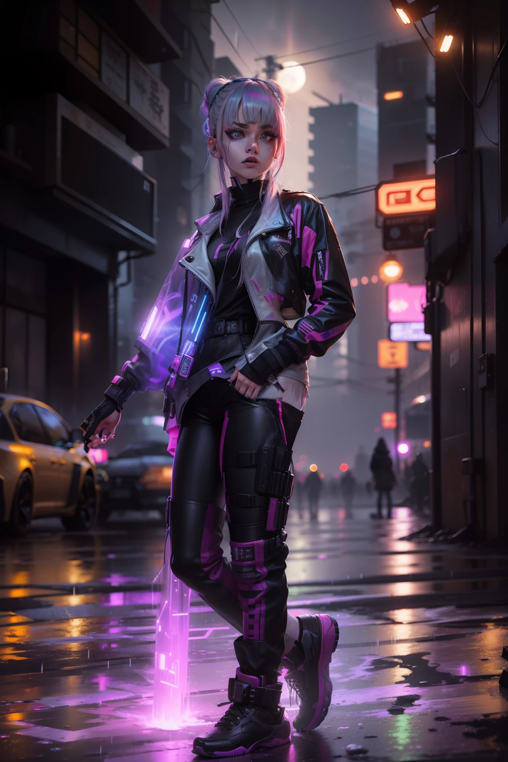 lucy \(cyberpunk\), 1girl, hair scrunchie, hime cut, silver hair, colored tips, full moon, grey eyes, jacket, long sleeves, looking at viewer, medium hair, multicolored hair, parted bangs, parted lips, pink hair, portrait, red eyeliner, red lips, solo, white jacket, cyberpunk \(series\), rainy night in a cyberpunk city with glowing neon lights