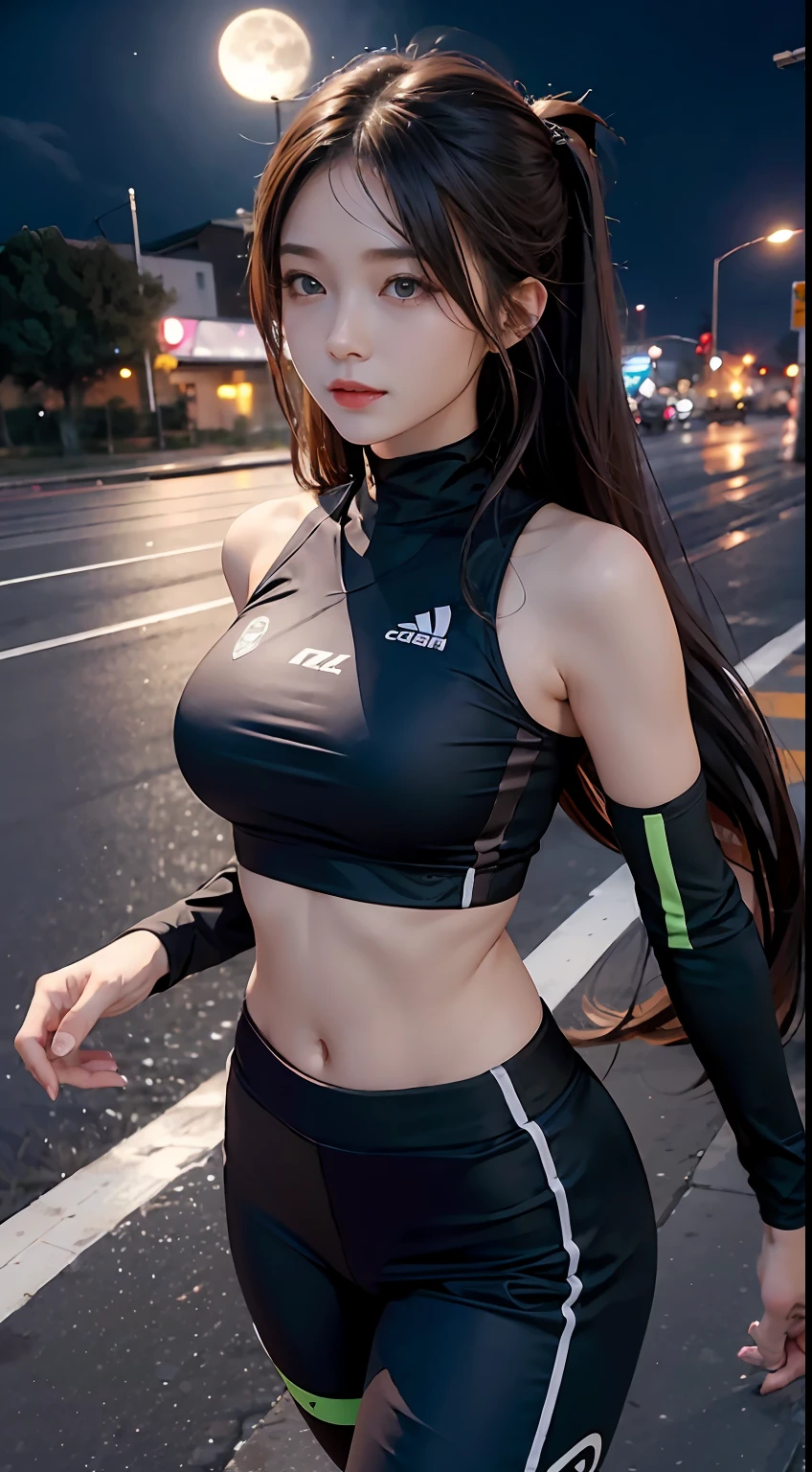 A beautiful girl with long hair，Running head-on，Sporty，Liuhai，，Tight clothing，ssmile，perspire，the night，full moon