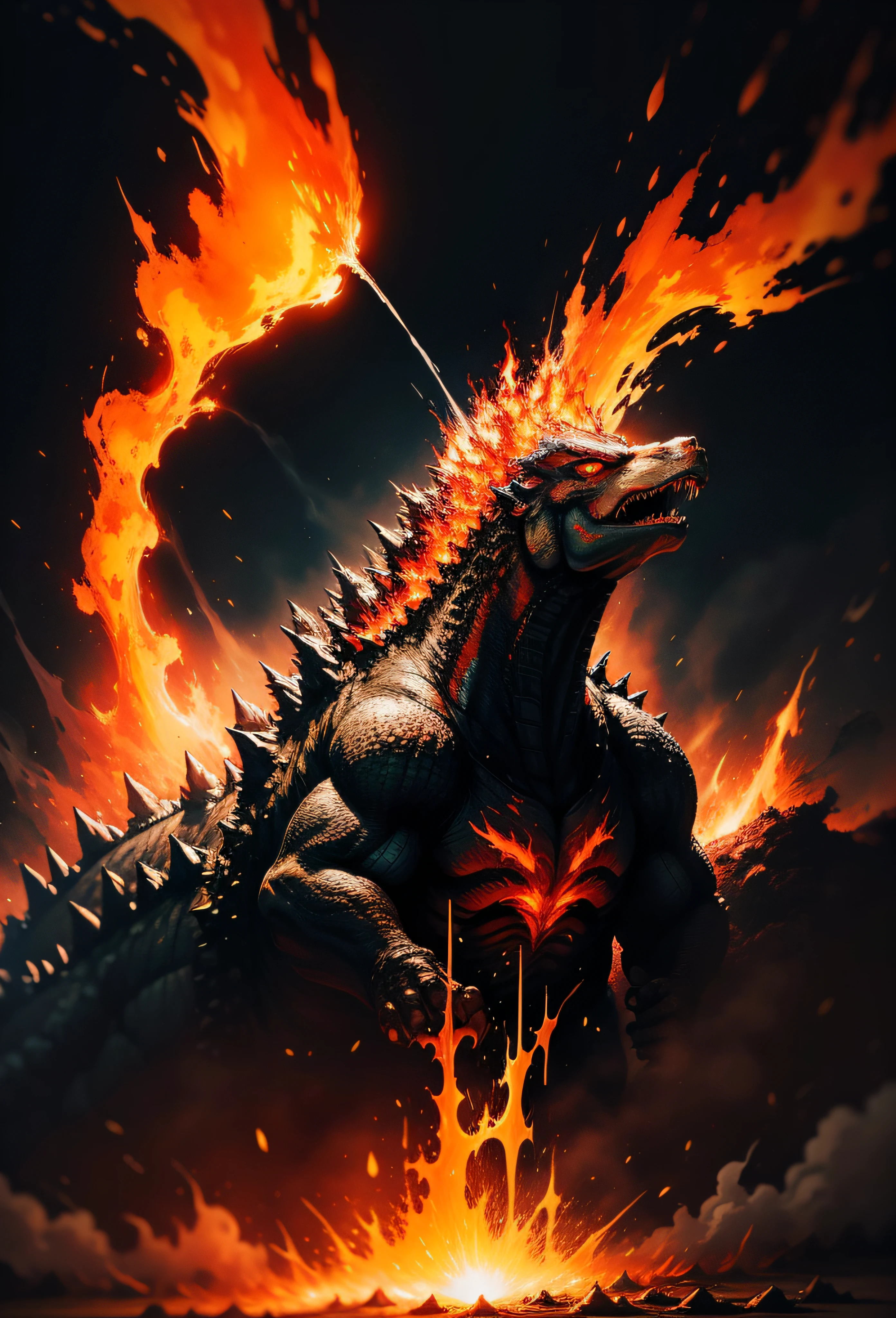 Godzilla flame burning background, Abstract beauty, Explosive volume, oil painted, Heavy strokes, paint drips