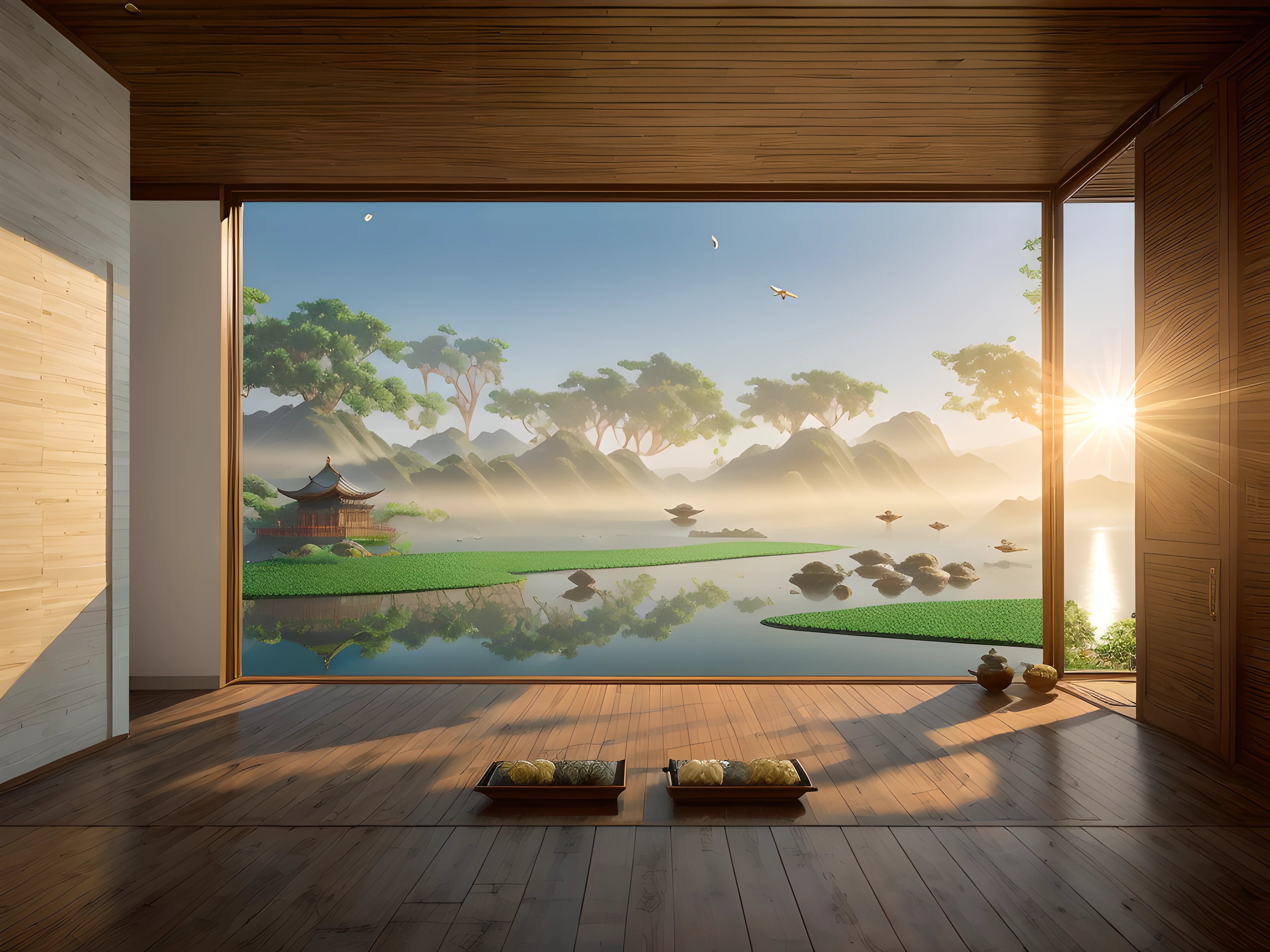 Bright scene,real rendering,(((In the daytime:1.5))),Not a night view,Best quality at best,highly detailed,tmasterpiece,ultra - detailed,Extremely detailed CG unifies 8K, 8K, Diamond, China Wall,tmasterpiece,best qualityer,Chinese martial arts style,There are water lilies,There are lanterns,Under the water,Lake surface,lotuses,The beautiful,(((Chinese martial arts style))), The sky is vast, Even the mountain cliffs, Bright ink style, Contour light, Atmospheric atmosphere, , bamboos, pines, Octagonal stone pavilion, Flying waterfalls, CG, The world of martial arts, Chinese style buildings, Eau, in a panoramic view, 8K, tmasterpiece, best qualtiy, high qulity, high detal, super detailing, A high resolution, hyper HD,Complete and unified