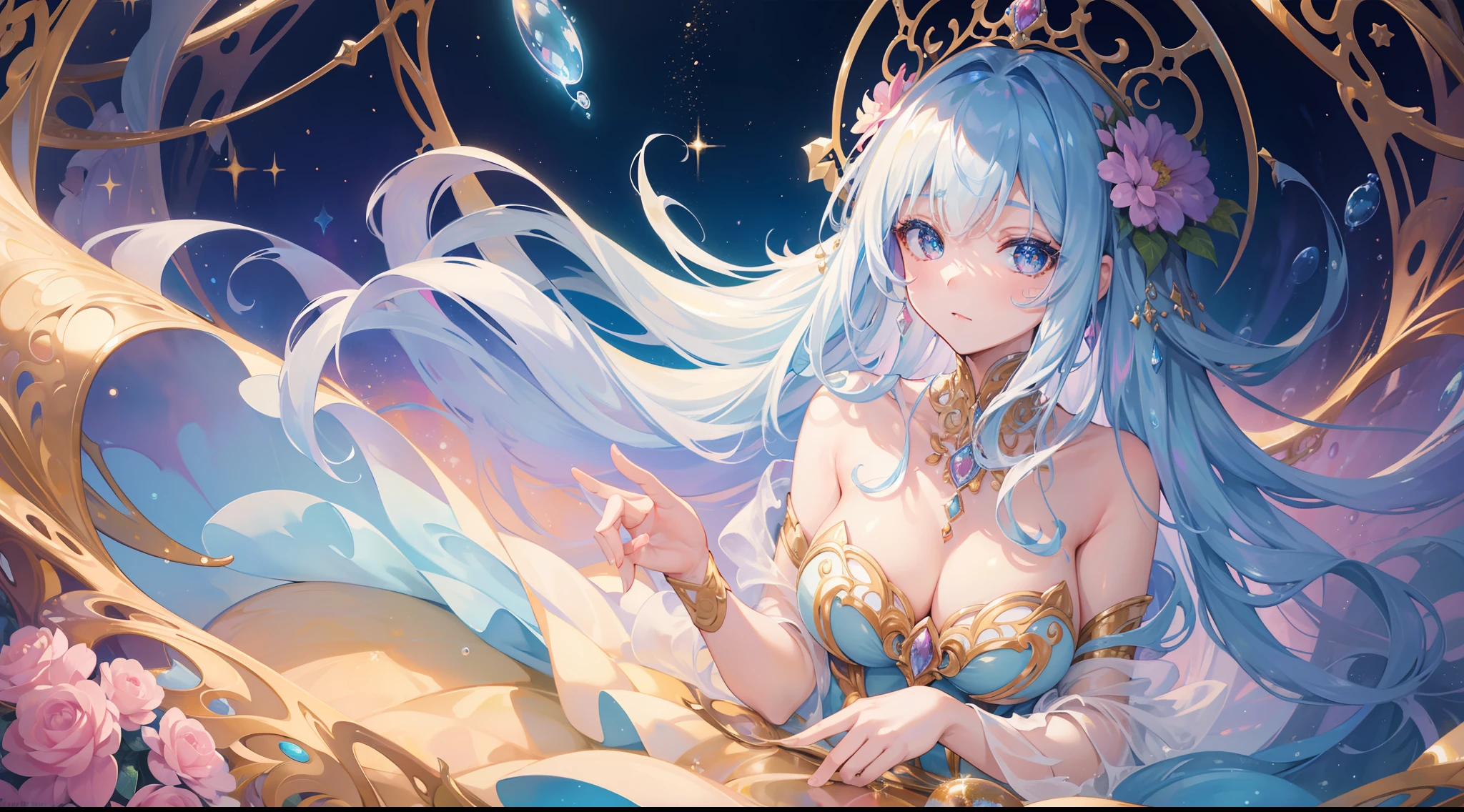 masterpiece, best quality, 8k resolution, sharp focus, intricate detail, beautiful girl, sparkling eyes, golden ratio face, otherworldly liquid, watercolor, pastel colors, bright colors, whimsical, colorful, sharp focus, high resolution, fine detail, princess fantasy ballgown, ((round eyes)), iridescent bubbles