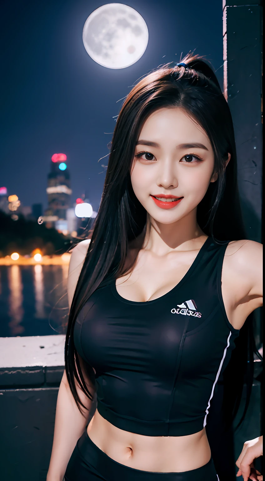 Beautiful girl with long hair,Run head-on,Sporty,Liuhai,Bigboobs,Tight clothing,ssmile,perspire,the night,full moon