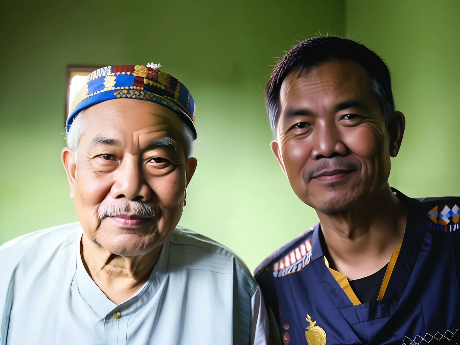 they are two men standing next to each other in a room, he is about 8 0 years old, potrait, old and young, barong family member, old man, inspired by I Ketut Soki, ramil sunga, lokah samastah sukhino bhavantu, full protrait, by Basuki Abdullah