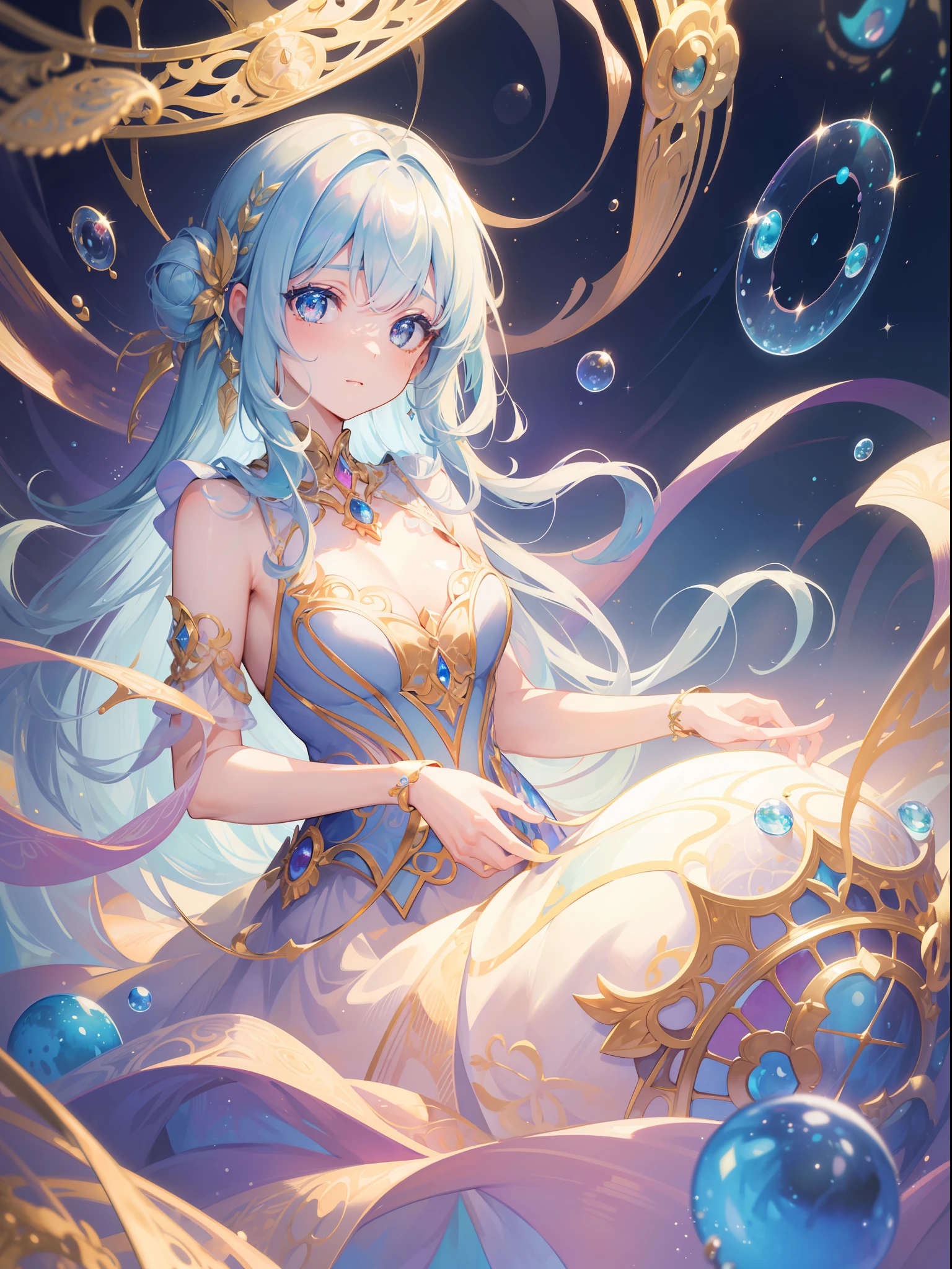 masterpiece, best quality, 8k resolution, sharp focus, intricate detail, beautiful girl, sparkling eyes, golden ratio face, otherworldly liquid, watercolor, pastel colors, bright colors, whimsical, colorful, sharp focus, high resolution, fine detail, princess fantasy ballgown, ((round eyes)), iridescent bubbles