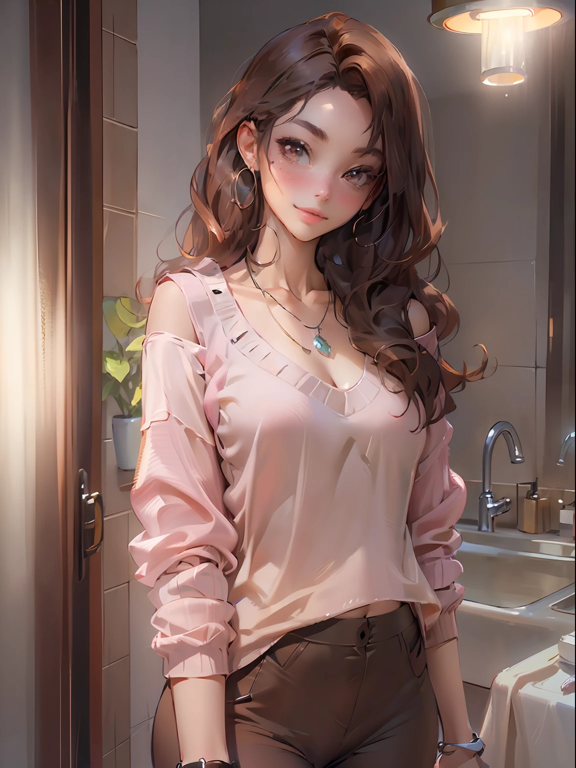 ((Night, Realistic Light, Best Quality, 8K, Masterpiece: 1.3)), 1girl, Slim Beauty: 1.4, Abs: 1.1, (Brown hair, Medium breasts: 1.3), Long pink sweater: 1.1, Bathroom, Super fine face, Delicate eyes, Double eyelids, smile, necklace