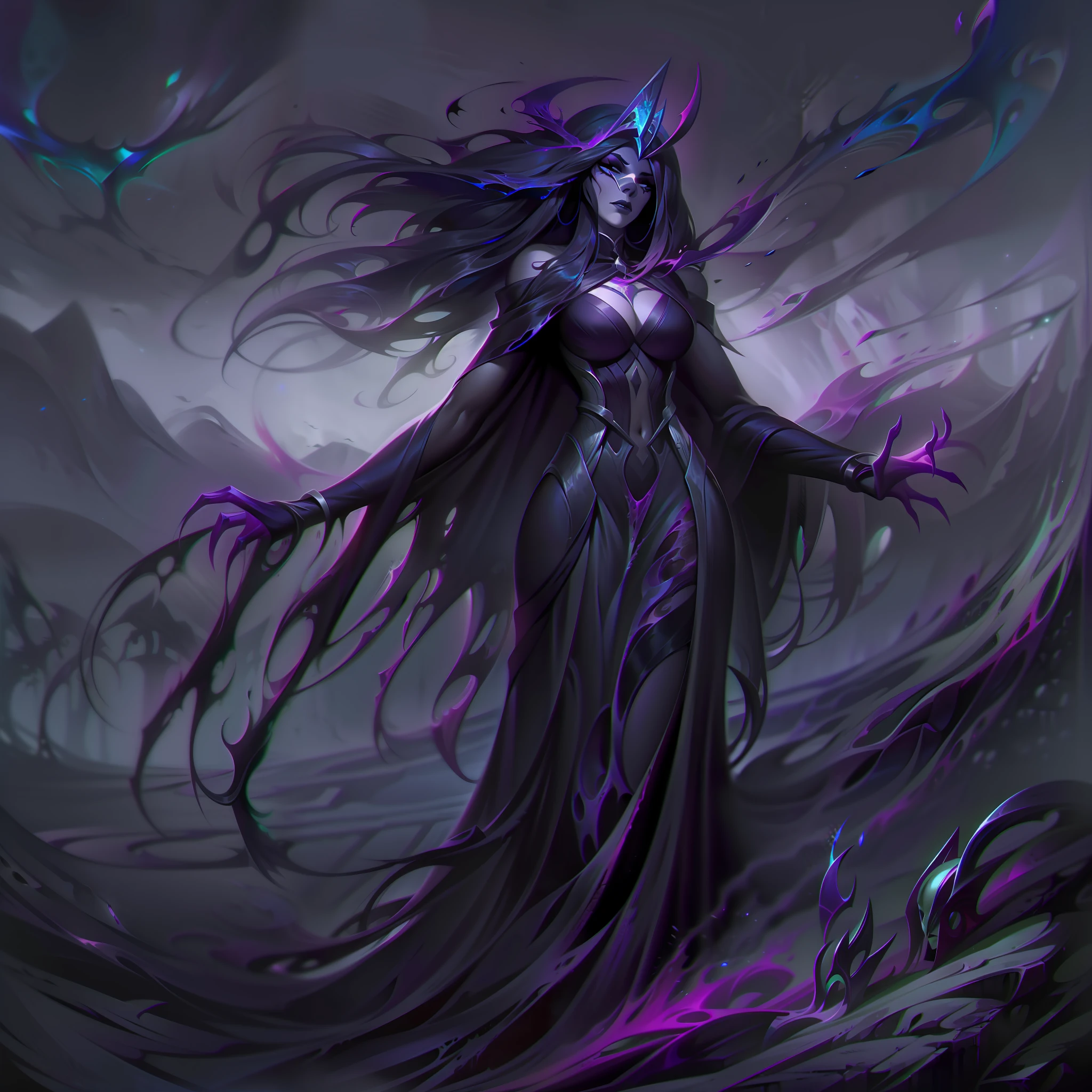 The base splash art of "Noxiyas, the Necrokinesis Mistress" is a haunting and atmospheric scene that captures the essence of her dark powers. Noxiyas, a mistress of Necrokinesis, stands as a formidable figure, emanating an aura of death and decay.
In the artwork, Noxiyas is depicted as a mysterious and alluring woman, draped in flowing, tattered robes that add to her eerie allure. Her pale skin and piercing gaze hint at her otherworldly nature and her deep connection to the realm of the dead.
Noxiyas' Necrokinesis powers are prominently displayed as she conjures swirling shadows and spectral energy around her hands. The energy seems to have a life of its own, emphasizing her command over the forces of death and the undead.
The background is a grim and desolate landscape, hinting at the gloomy and macabre realm from which Noxiyas draws her power. Shadowy figures and skeletal remains add to the atmosphere of dread, further underscoring her necromantic abilities.
The color palette features dark and moody tones, with shades of black, purple, and deep blues dominating the scene. The use of contrasting light and shadows creates a sense of depth and mystique, adding to the enigma surrounding Noxiyas.