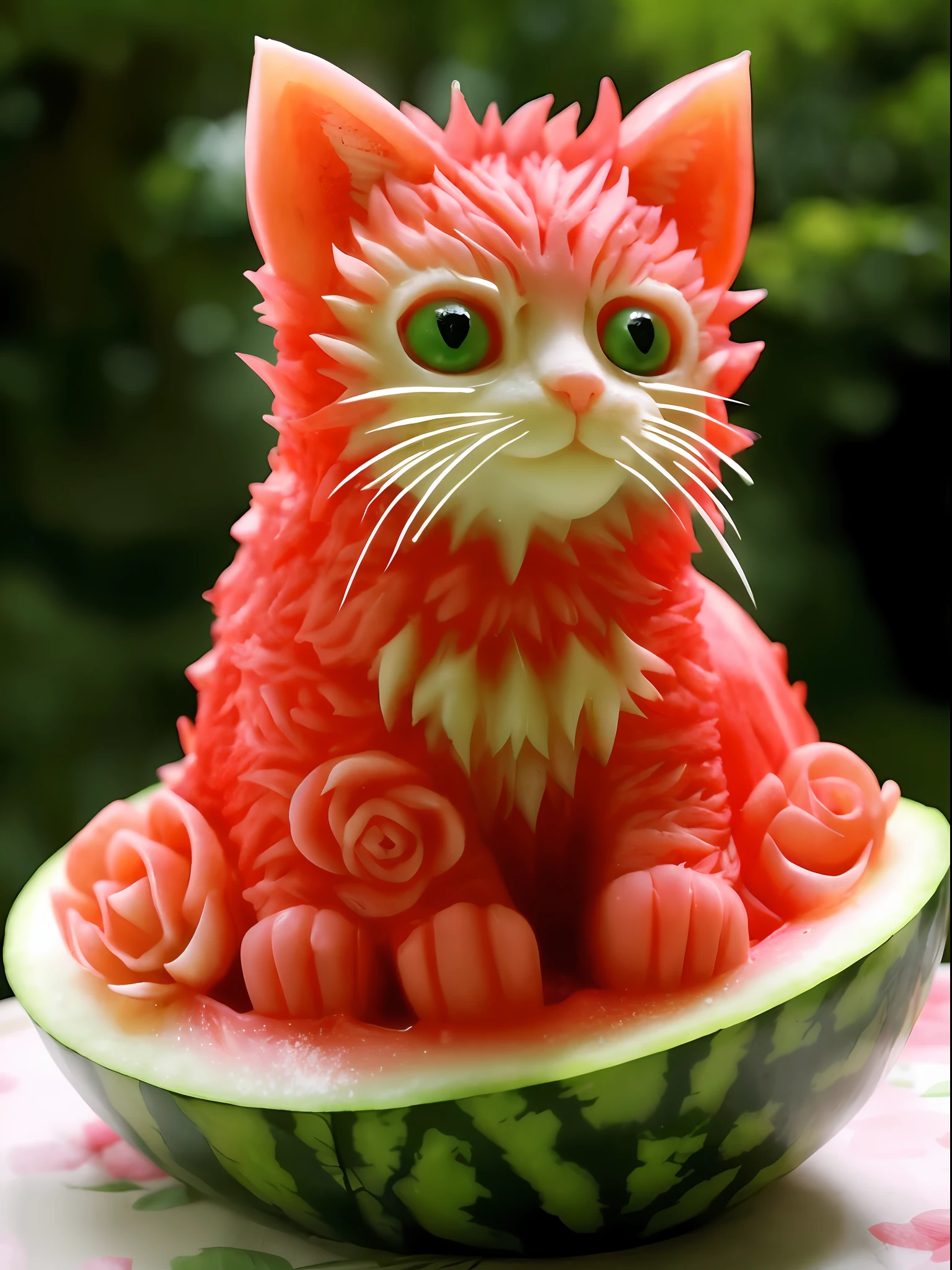 There was a watermelon，A cat is engraved on it, sculpted out of candy, hand carved, Cute cat, cat detailed, food art, Kawaii cat, awesome cat, material is!!! water melon!!!, water melon, soap carving, perfeitamente detalhada, made of fruit and flowers, sculpted, cat design, very very very realistic, funny cat, the cat is orange, Orange cat