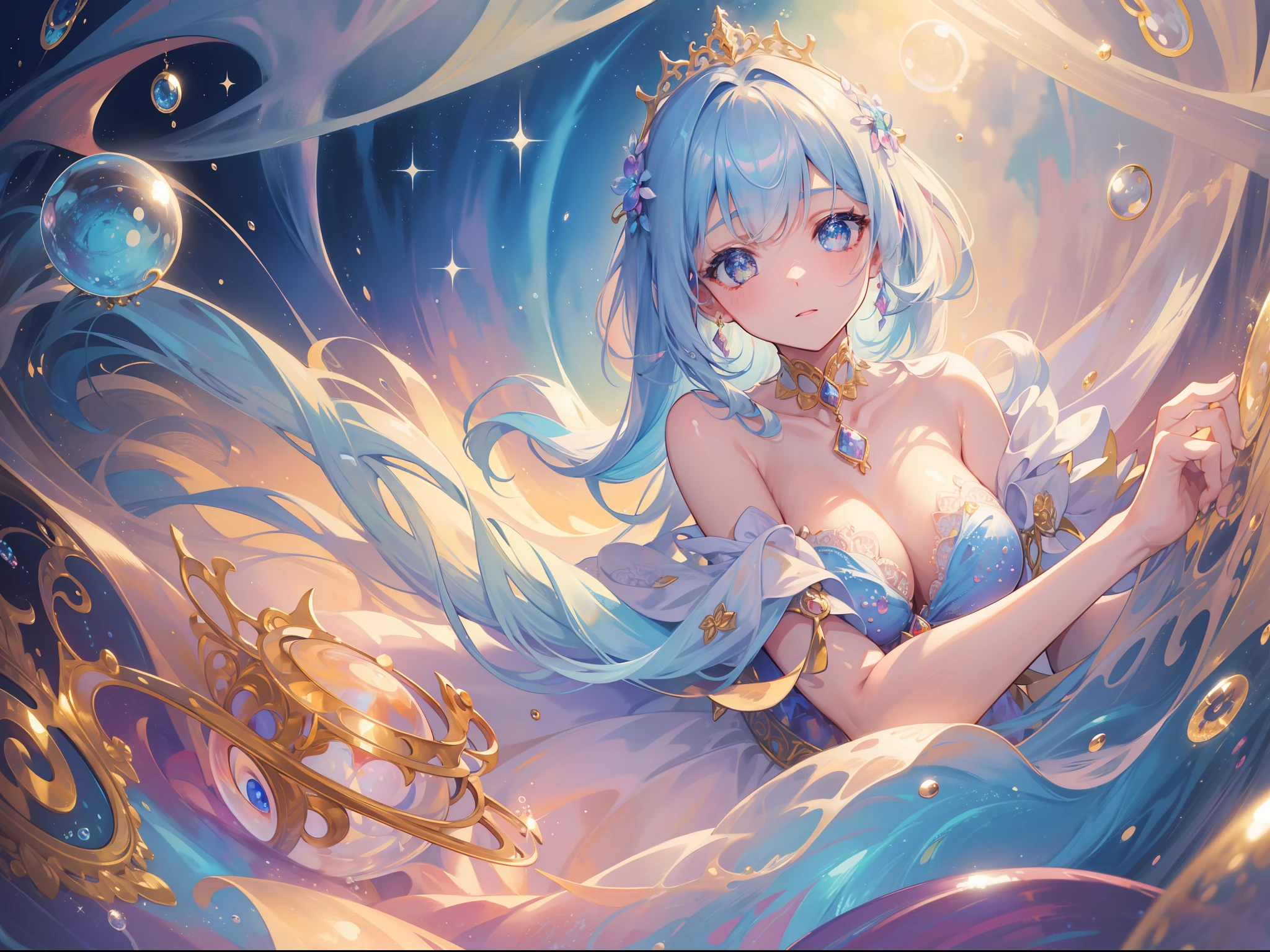 masterpiece, best quality, 8k resolution, sharp focus, intricate detail, beautiful girl, sparkling eyes, golden ratio face, otherworldly liquid, watercolor, pastel colors, bright colors, whimsical, colorful, sharp focus, high resolution, fine detail, princess fantasy ballgown, ((round eyes)), iridescent bubbles