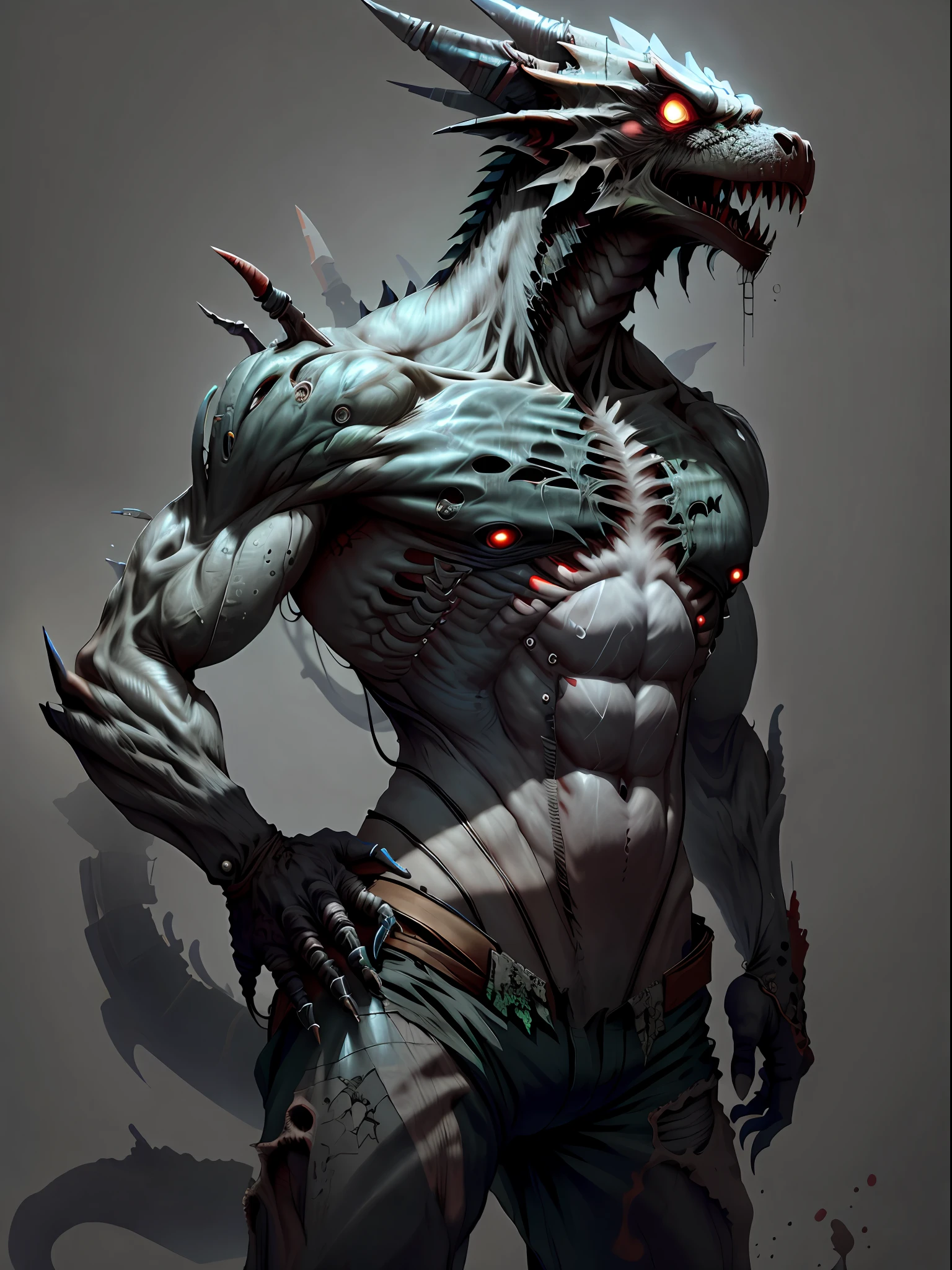 BioPunkAI,Humanoid dragon,Shabby black shorts,Liquid spills from the crotch,Armed with a firearm,Genital fluid,nakeness,Strong,Chemical and biological weapons,drools,Sharp claws
