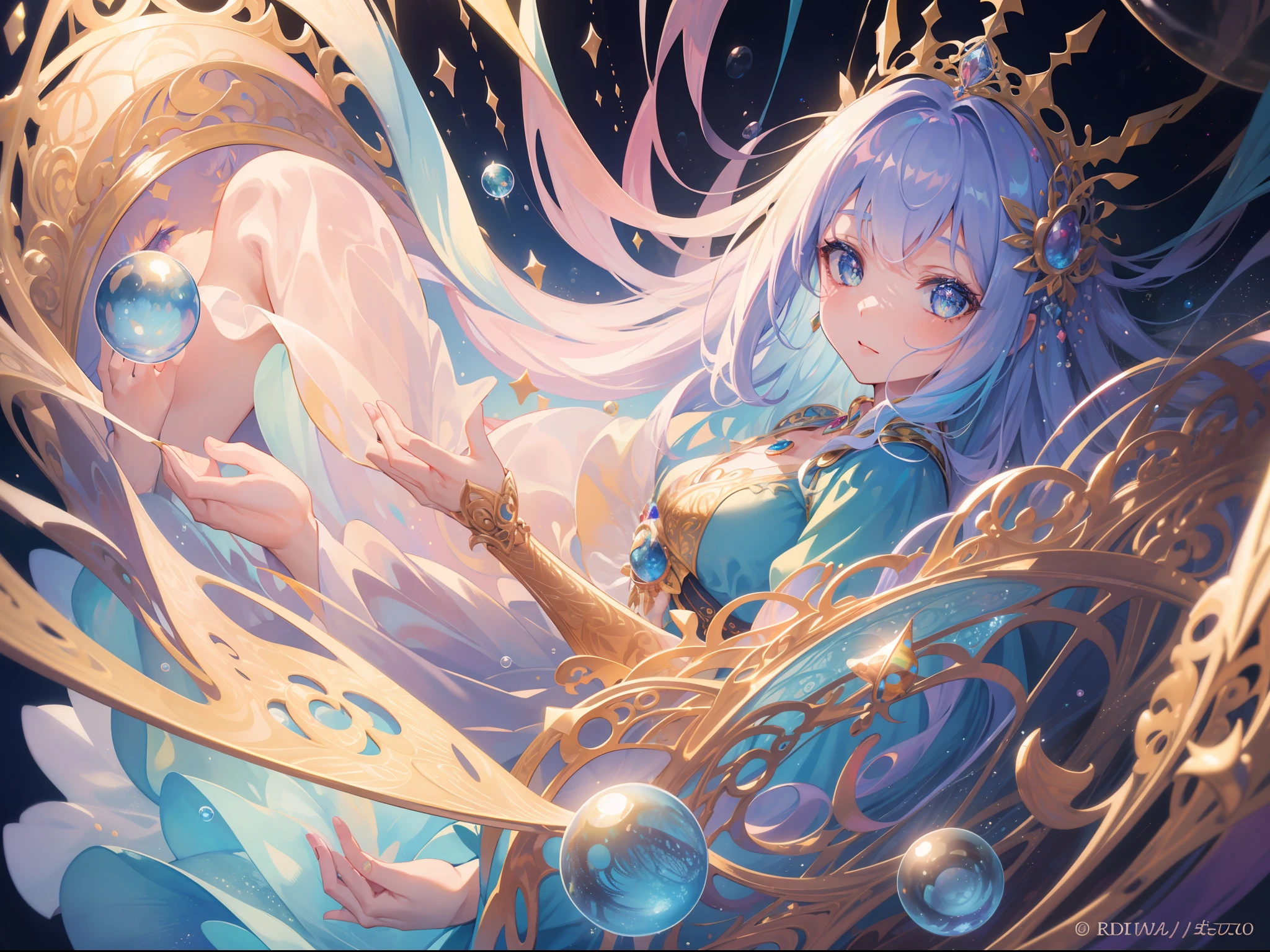masterpiece, best quality, 8k resolution, sharp focus, intricate detail, beautiful girl, sparkling eyes, golden ratio face, otherworldly liquid, watercolor, pastel colors, bright colors, whimsical, colorful, sharp focus, high resolution, fine detail, princess fantasy ballgown, ((round eyes)), iridescent bubbles