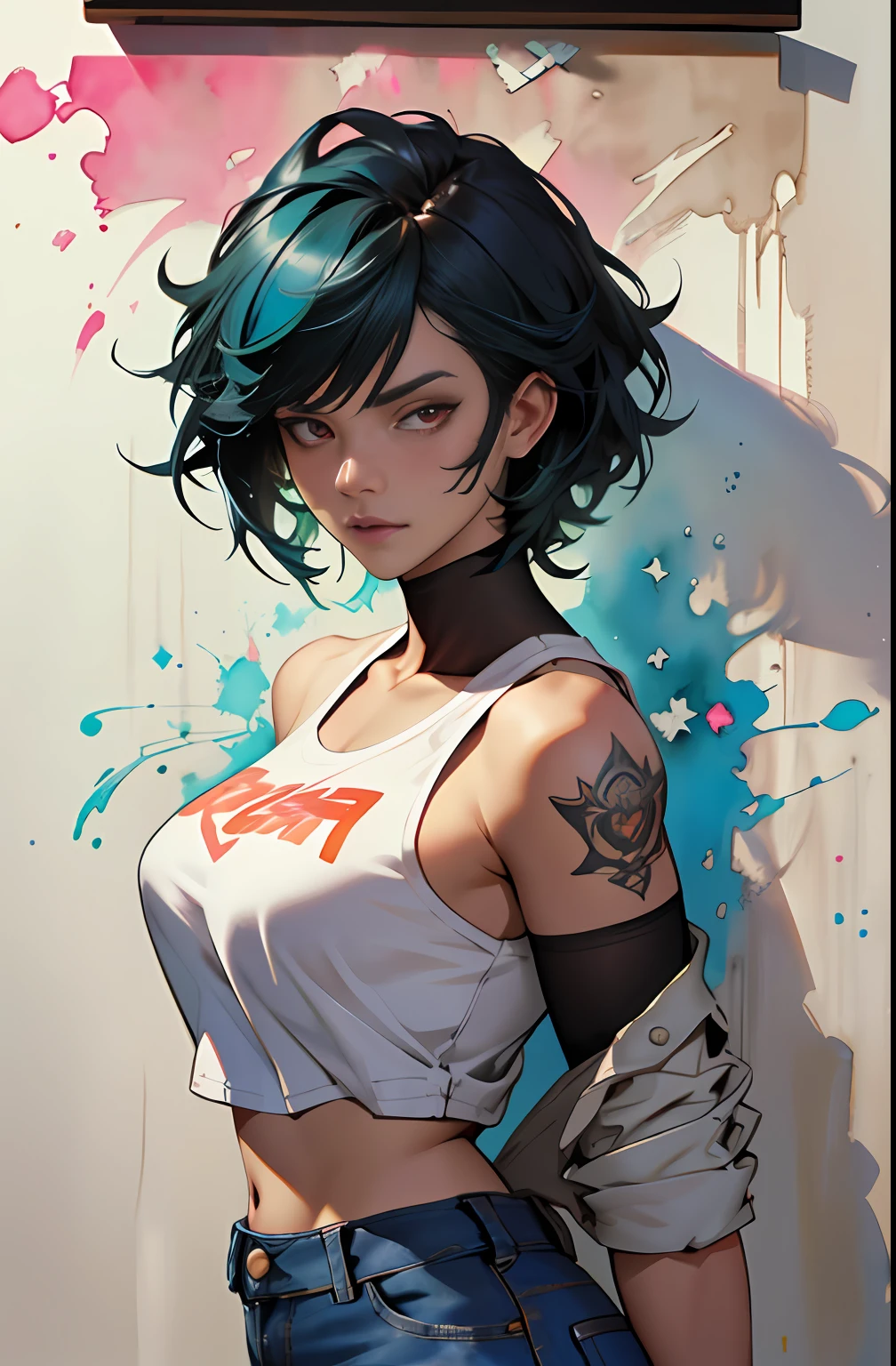 ::  comix style ryuko hikari ::2.9   style :: concept art, smooth, sharp focus, illustration, , character sheet, lightningwave, beautiful  style::style jkenneth rocafort   ::2.9 (masterpiece:1.2, best quality), (finely detailed beautiful eyes: 1.2), ((1girl jada sezer   beautiful woman )), ((solo)), (red eyes:1.4), (finely detailed eyes and detailed face:1.3),), (with jeans and a white t-shirt or dress:1.3), (beautiful and clear background:1.2), (extremely detailed cg, ultra-detailed, best shadow:1.1), ((depth of field)), ((watercolor)), large breasts, bare shoulders, flowers and petals, beautiful concept illustration , (white background:0.5), (illustration :1.1), (extremely fine and beautiful:1.1), (perfect details:1.1),::yoji shinkawa  style ::2.0  illustration style,tatoon style,ferocious bear  ultra detailed, (beautiful and clear background:1.2),, fantastic paintings ,graffit style,  perfection, dynamic, highly detailed, watercolor painting, artstation, concept art, smooth, sharp focus, illustration,  character sheet, artstation, concept art, smooth, sharp focus, illustration, art by kim jung gi,, artgerm, carne griffiths and wadim kashin ,, lightningwave,  watercolor painting ,paint dripping by tim okamura, victor nizovtsev, greg rutkowski, noah bradley. trending on artstation, 8k, masterpiece, graffiti paint, fine detail, full of color, intricate detail, golden ratio illustration,monochromatic green background, masterpiece, best quality, high quality, highres, best quality, high resolution fix, bright amazing lighting, detail enhancement, best quality, high quality, highres, detail enhancement, best quality, high quality, 8k