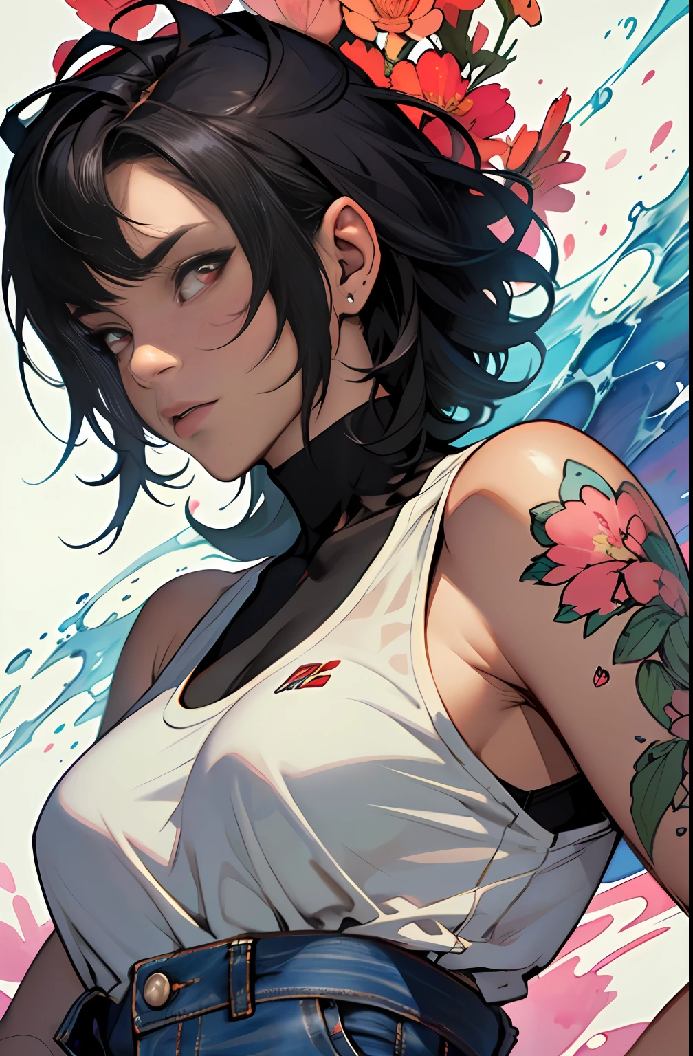 :: comix style ryuko hikari ::2.9 style :: concept art, smooth, sharp focus, illustration, , character sheet, lightningwave, beautiful style::style jkenneth rocafort ::2.9 (masterpiece:1.2, best quality), (finely detailed beautiful eyes: 1.2), ((1girl jada sezer beautiful woman )), ((solo)), (red eyes:1.4), (finely detailed eyes and detailed face:1.3),), (with jeans and a white t-shirt or dress:1.3), (beautiful and clear background:1.2), (extremely detailed cg, ultra-detailed, best shadow:1.1), ((depth of field)), ((watercolor)), large breasts, bare shoulders, flowers and petals, beautiful concept illustration , (white background:0.5), (illustration :1.1), (extremely fine and beautiful:1.1), (perfect details:1.1),::yoji shinkawa style ::2.0 illustration style,tatoon style,ferocious bear ultra detailed, (beautiful and clear background:1.2),, fantastic paintings ,graffit style, perfection, dynamic, highly detailed, watercolor painting, artstation, concept art, smooth, sharp focus, illustration, character sheet, artstation, concept art, smooth, sharp focus, illustration, art by kim jung gi,, artgerm, carne griffiths and wadim kashin ,, lightningwave, watercolor painting ,paint dripping by tim okamura, victor nizovtsev, greg rutkowski, noah bradley. trending on artstation, 8k, masterpiece, graffiti paint, fine detail, full of color, intricate detail, golden ratio illustration,monochromatic green background, masterpiece, best quality, high quality, highres, best quality, high resolution fix, bright amazing lighting, detail enhancement, best quality, high quality, highres, detail enhancement, best quality, high quality, 8k
