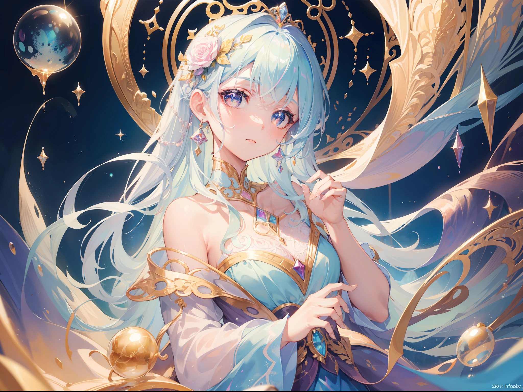 masterpiece, best quality, 8k resolution, sharp focus, intricate detail, beautiful girl, sparkling eyes, golden ratio face, otherworldly liquid, watercolor, pastel colors, bright colors, whimsical, colorful, sharp focus, high resolution, fine detail, princess fantasy ballgown, ((round eyes)), iridescent bubbles