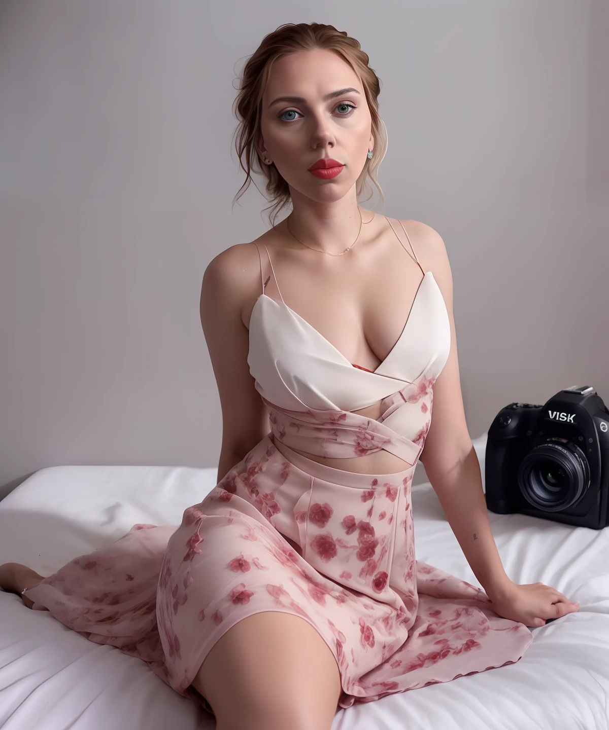 Scarlett Johansson, Masterpiece, Full Body Portrait, Wedding Dress, Sexy Red Hair, Long Hair, Sexy Red Lips, Smirk, See Through Dress, Cleavage, Thin Waist, Big Ass, Hot Girl, Photorealistic, Dslr, Detailed Skin, detailed face, hyper realistic, posing for the camera, professional model, DSLR shot, lying in bed, open legs, bedroom, midnight.