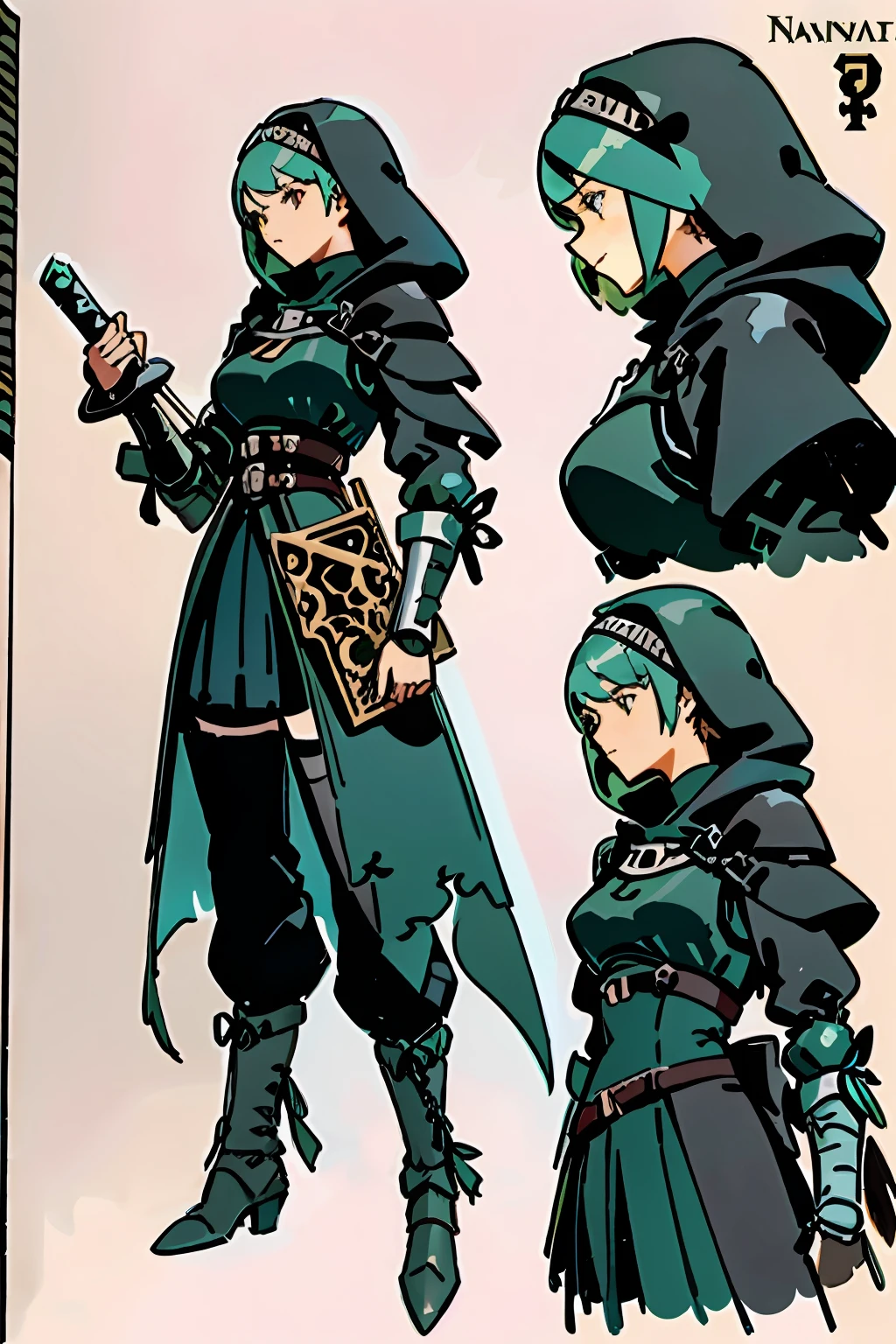 a close up of a woman in a black outfit with a sword, Adventurer girl, adventurer clothing,Light armor,, nier automata concept art,Wanderer costume, Nier Automata concept Artyle, Concept book, interesting character design, Hood, nier autoamata, Kushatt Krenz Key Art Women, Hood( ( concept art of character ) )