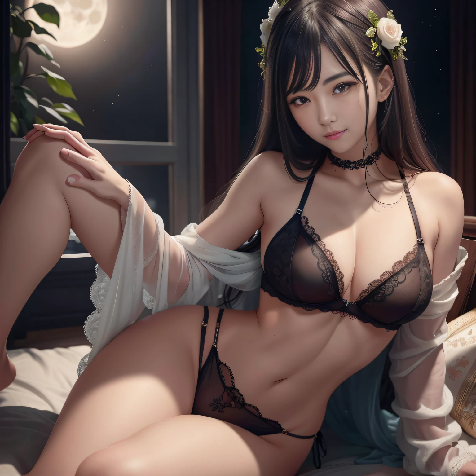 Sexy asian woman sitting on bed in lingerie,The background is the full moon。, seductive anime girls, beautiful and seductive anime woman, Guviz-style artwork, Beautiful anime girl, Smooth anime CG art, beautiful alluring anime teen, attractive anime girls, Anime girl, Guviz, Sexy pose, Sexy girl, Beautiful anime woman, 8K high quality detailed art