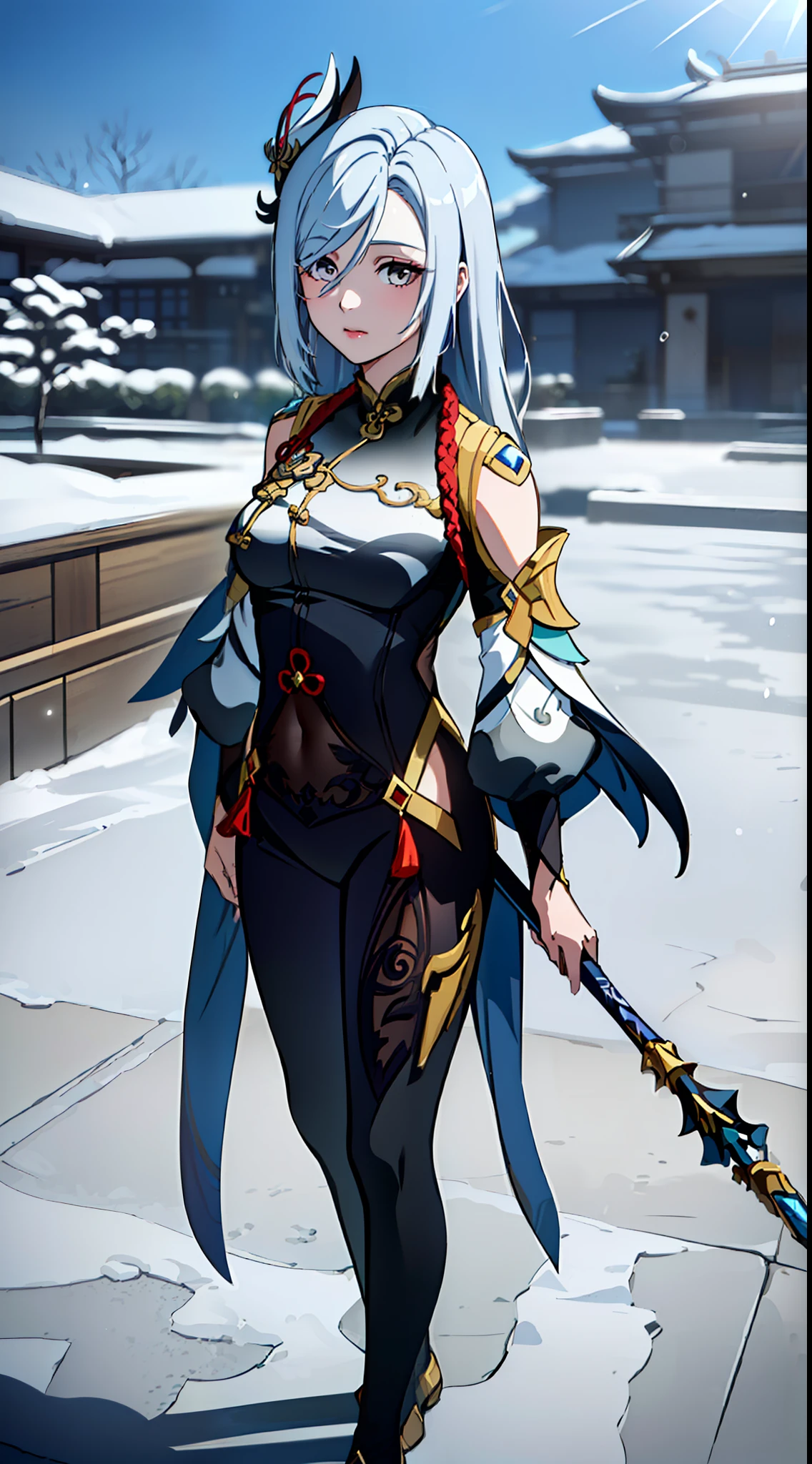 (8k, RAW photo, masterpiece, best quality, masterpiece:1.2), ulra high res, (photorealistic:1.4), 1girl,thighhighs, (Kpop idol),(aegyo sal:1),((puffy eyes)), silver eyes, looking at viewer,(realistic, photo-realistic:1.37),1girl, (cool face:0.6), professional lighting, photon mapping, radiosity, physically-based rendering,shiny hair, long hair,hair_ornament,hair_between_eyes, long_hair, (silver_hair:1.2),bangs, genshin impact, shenhe \(genshin impact\), Shenhe \(genshin impact\), Shenhe, (half body shot: 1.5), standing, (long spear in hand: 1.5), snow flakes effect, white sparkling effect,