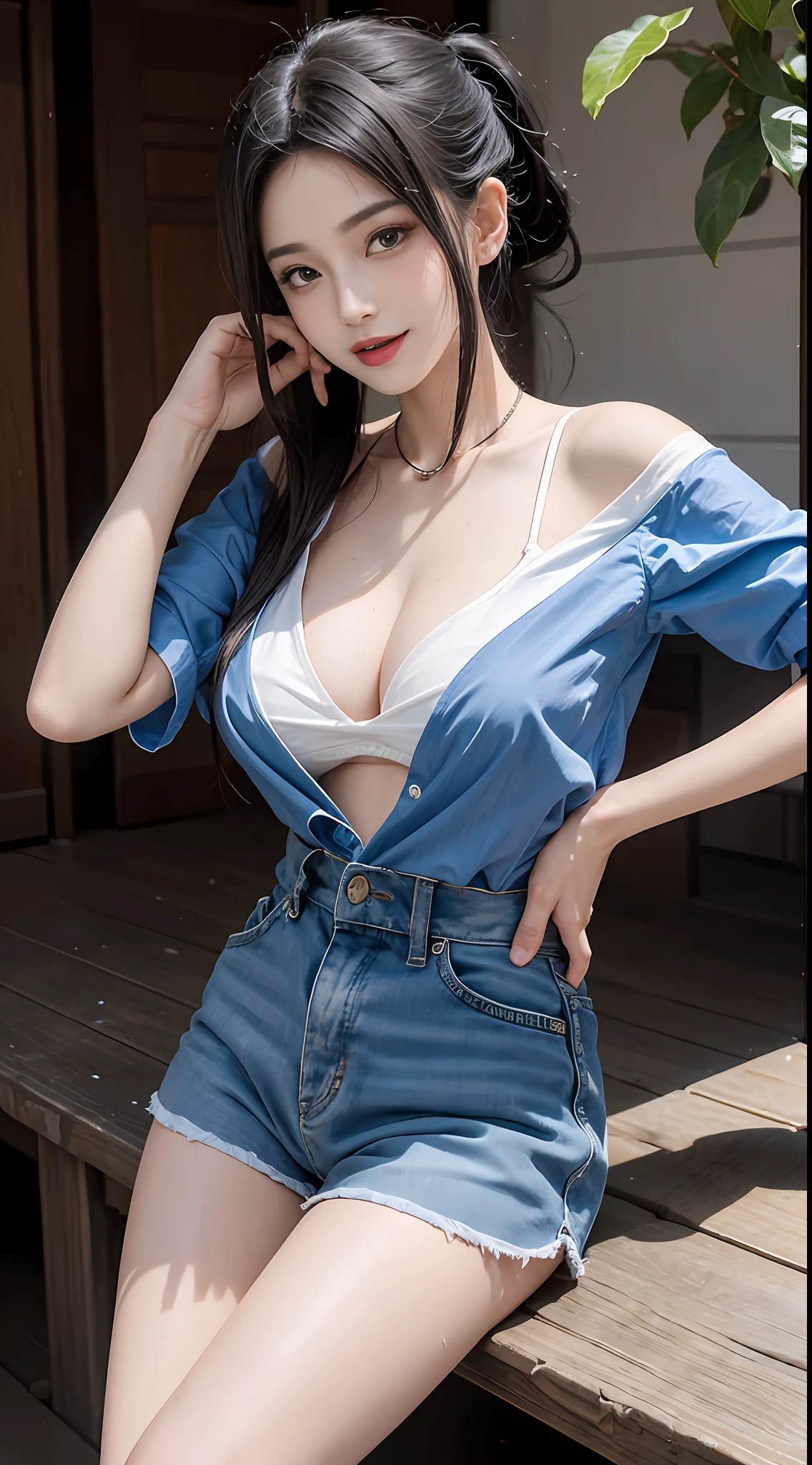A girl, after school by the sea, with a big Kunpeng behind her, all over. She is a beautiful, pretty, cute, cute, young, teenager. She is slim, slender, petite, thin, (big breasts), (big breasts), (big breasts). She was sweaty, wet, and drenched. The clothes are transparent, there is sweat on the skin, and the hair is wet. She grinned and smiled. She looks natural, relaxed and unpretentious. Scheming face. Make faces. (sticking out his tongue), telling a secret, hiding a secret, shyness, excitement. She stared at the audience. She wears a black ponytail. She wore a school uniform, a rolled up shirt with a colored corduroy bra under the shirt, shorts of various colors, and two layers. Shirt lift,. Camera focused on her face, light shining on her face, very large aperture, ((f/1.2)), shallow depth of field, strong blur in background lens, ISO 3000, auto white balance, extremely detailed, professional lighting, soft light, raw photos, Uniqlo fashion models, best quality, masterpiece, award-winning photography, huge file size, 8k, high resolution, shot on Sony DSLR.