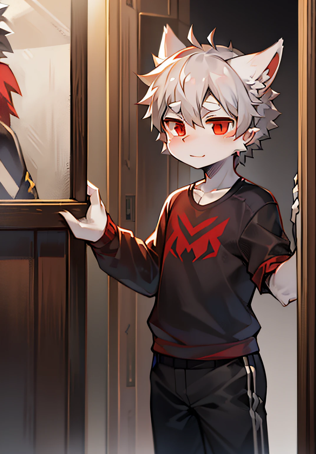 Standing painting，leisure wear，Dark red eyes，Caudas Brancas，white ear，Covered with gray hair，Shota