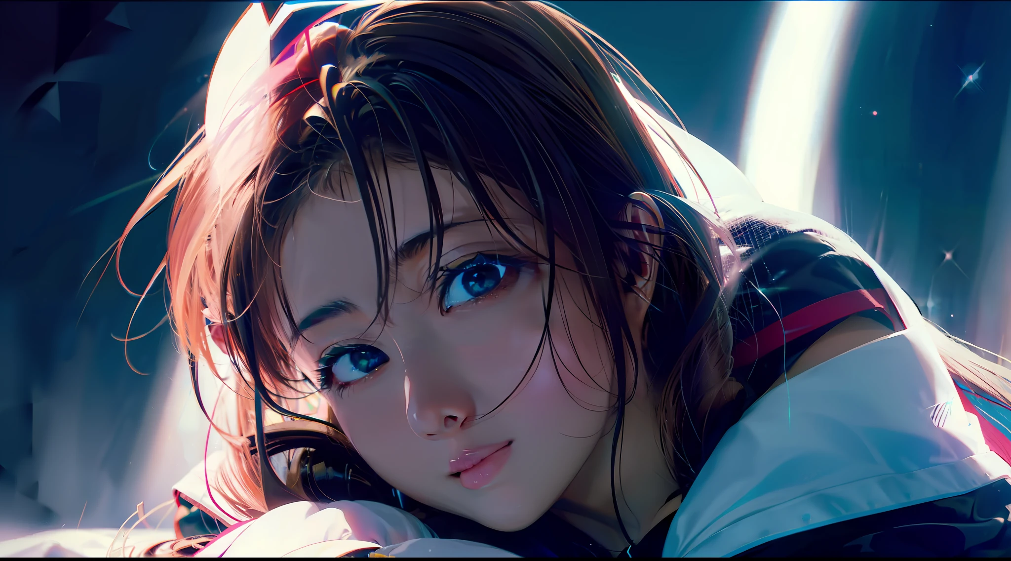 Mulher ninja com fone de ouvido sentido paz, olhos brilhantes com estrela, rosto bonito, cores RGB, cabelo rosa brilhante, colorido anime, fundo brilhante, Banner for youtube video, menina feliz, nuvens com cores RGB, cores RGB brilhantes, completo, ser celestial, garota gamer.