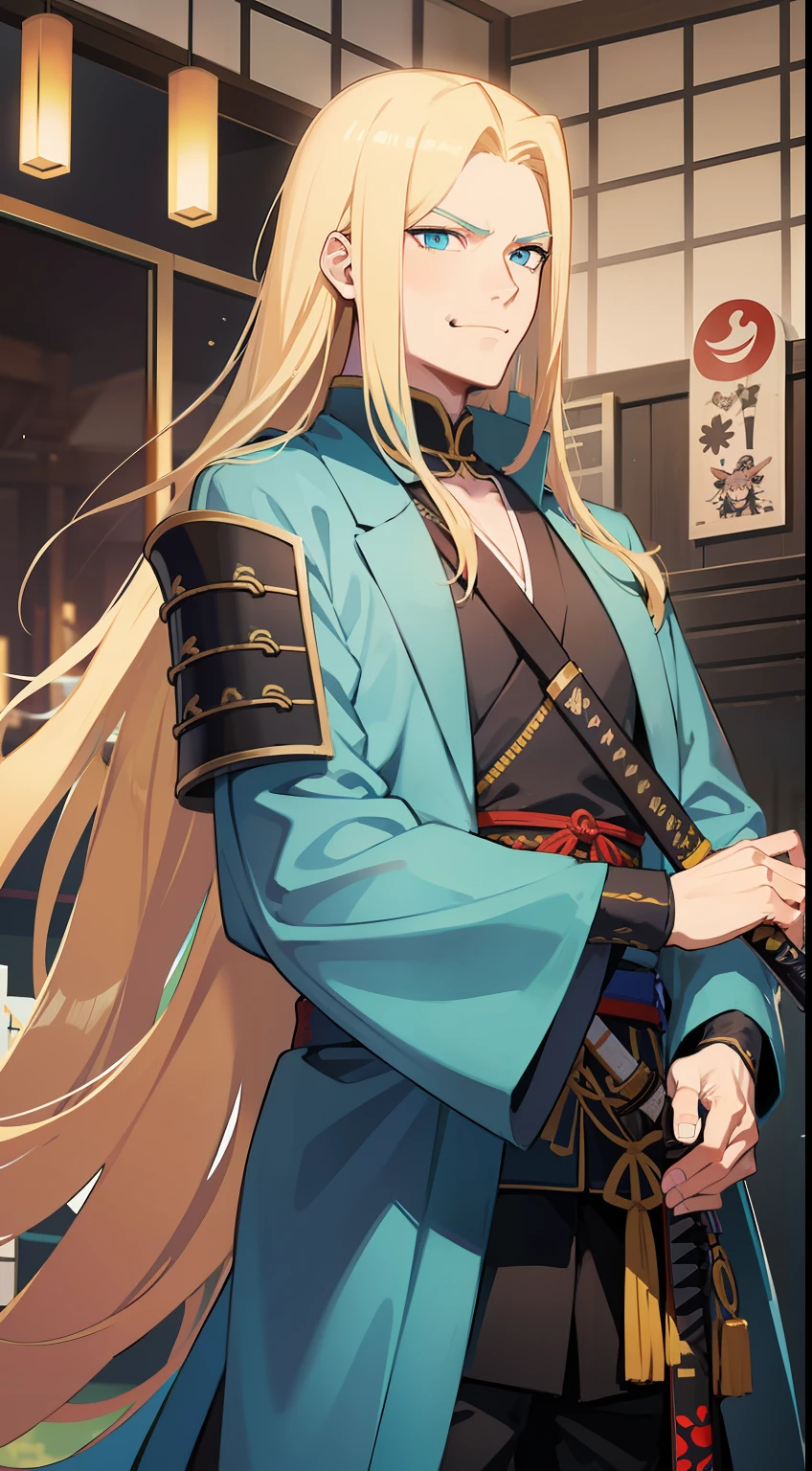 Tall guy, Long blond hair, Cyan eyes, Samurai attire, katana, smirk, Masterpiece, hiquality