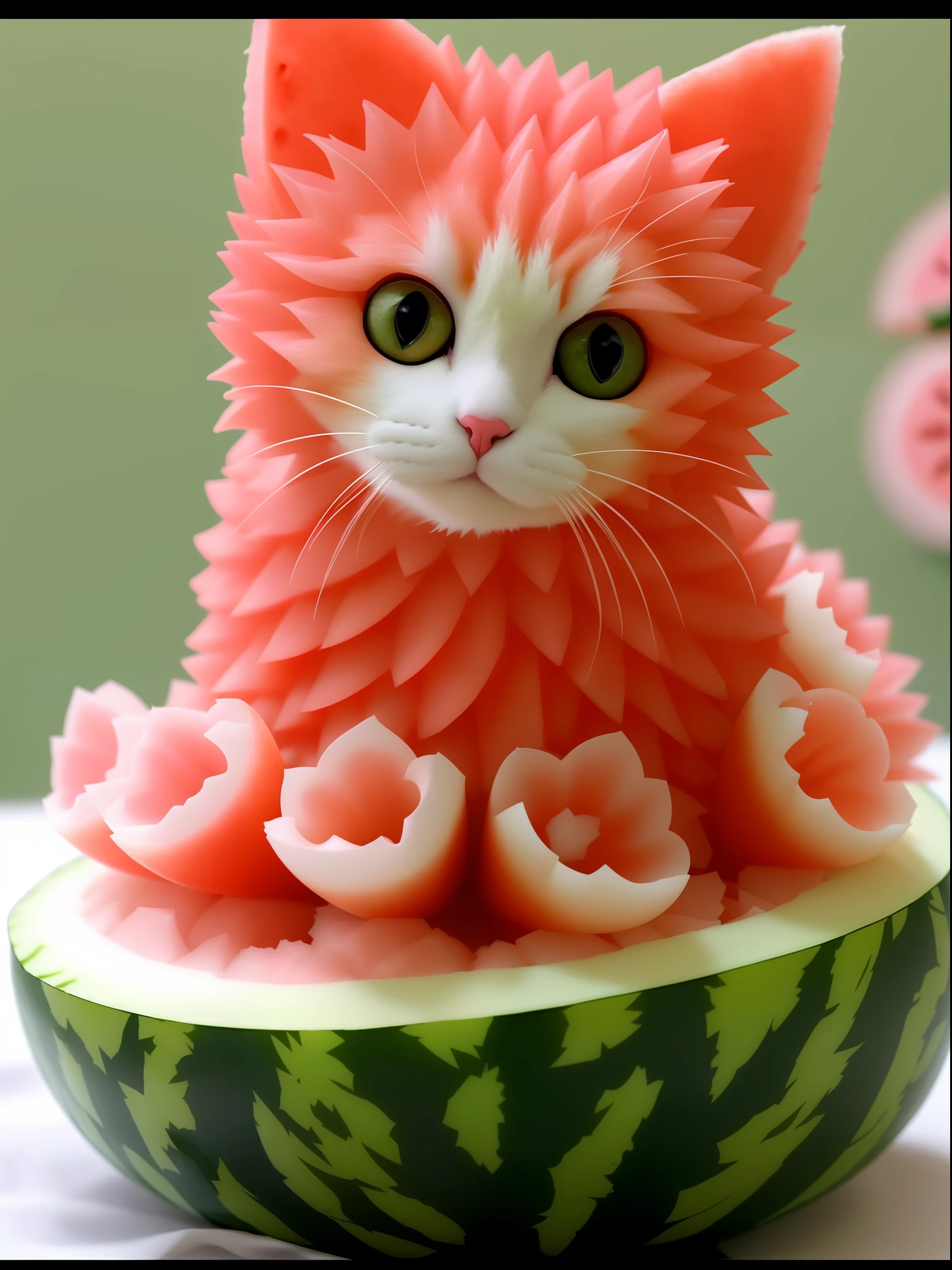 There is a cat sitting on top of a watermelon, Cute cat, material is!!! water melon!!!, awesome cat, cute detailed artwork, food art, Kawaii cat, cute cat photo, water melon, cat detailed, adorable digital art, A cute cat, Cute detailed digital art, beautiful cat, hand carved, cute animal, cute artwork, Cute! C4D