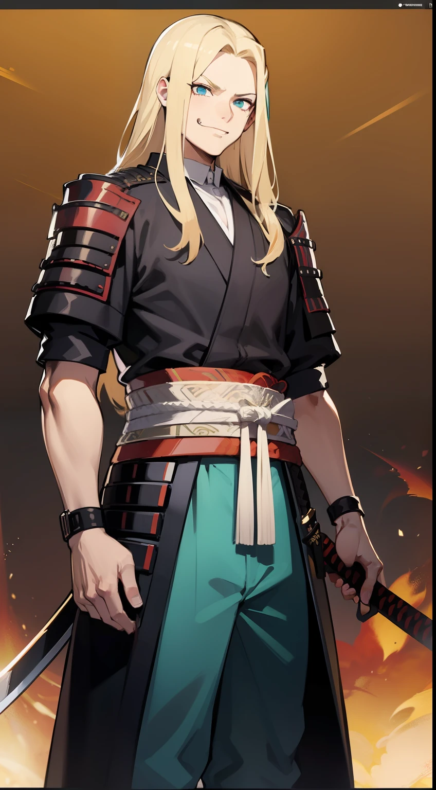 Tall guy, Long blond hair, Cyan eyes, Samurai attire, katana, smirk, Masterpiece, hiquality