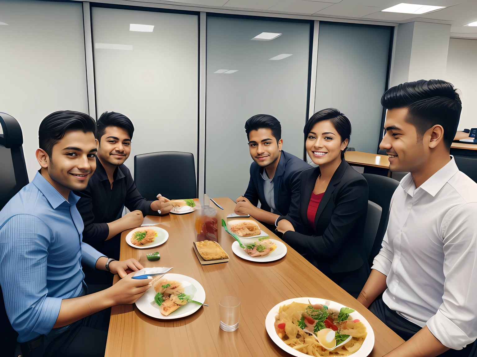 Personas almorzando en la oficina, foto realista tomada con iPhone 13.