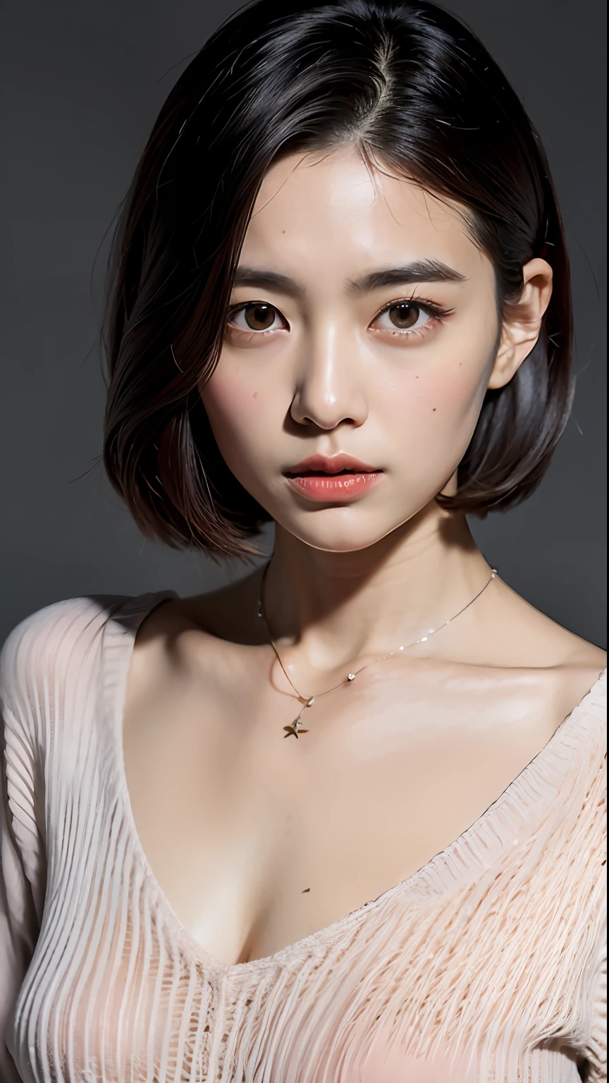 (Best quality, 8k, 32k, Masterpiece, UHD:1.2),Photo of Pretty Japanese woman, large breasts, very short bob hair,upper body,face focus,oversized_sweater, necklace, simple background, from above, looking at viewer,