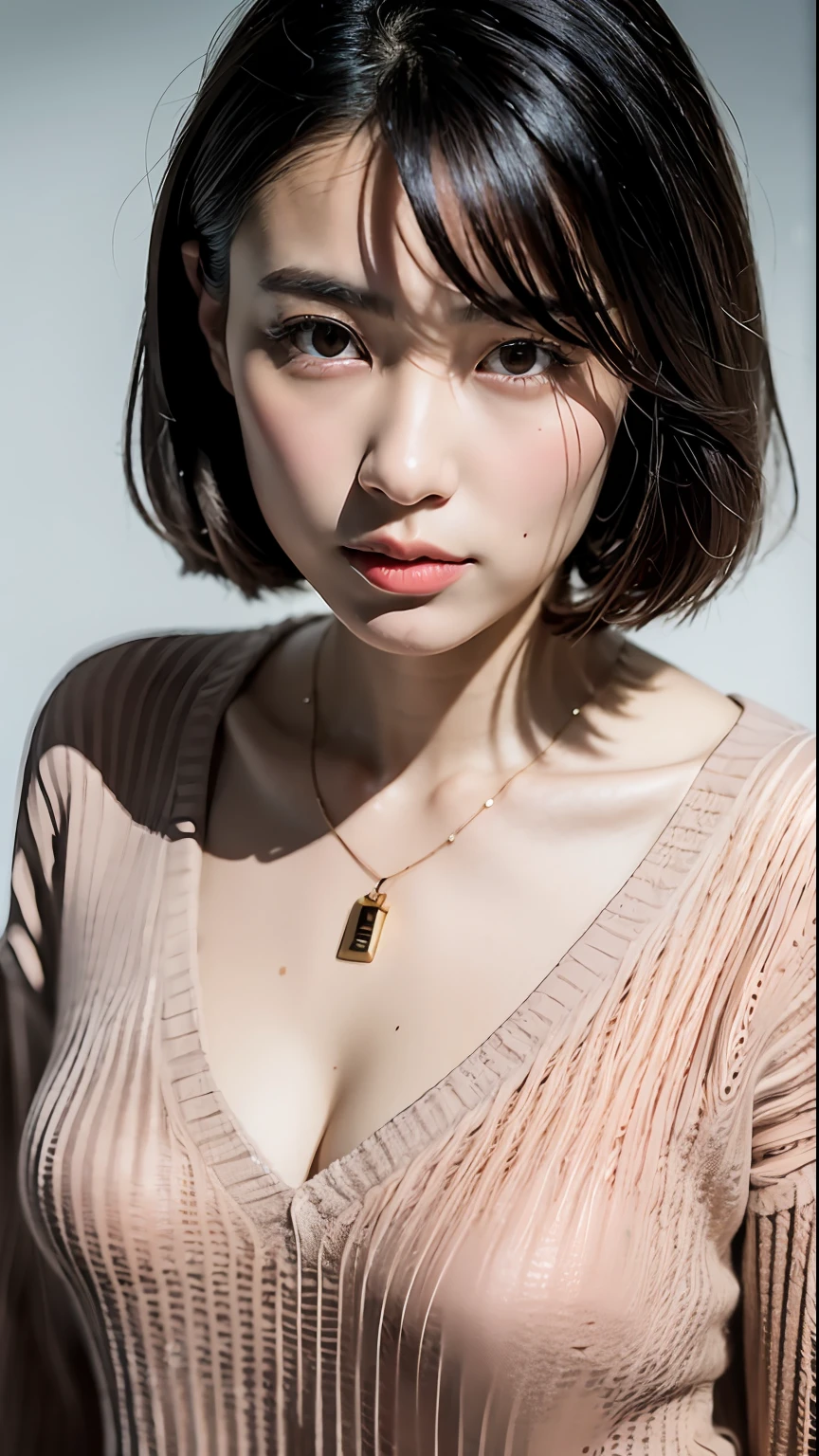 (Best quality, 8k, 32k, Masterpiece, UHD:1.2),Photo of Pretty Japanese woman, large breasts, very short bob hair,upper body,face focus,oversized_sweater, necklace, simple background, from above, looking at viewer,