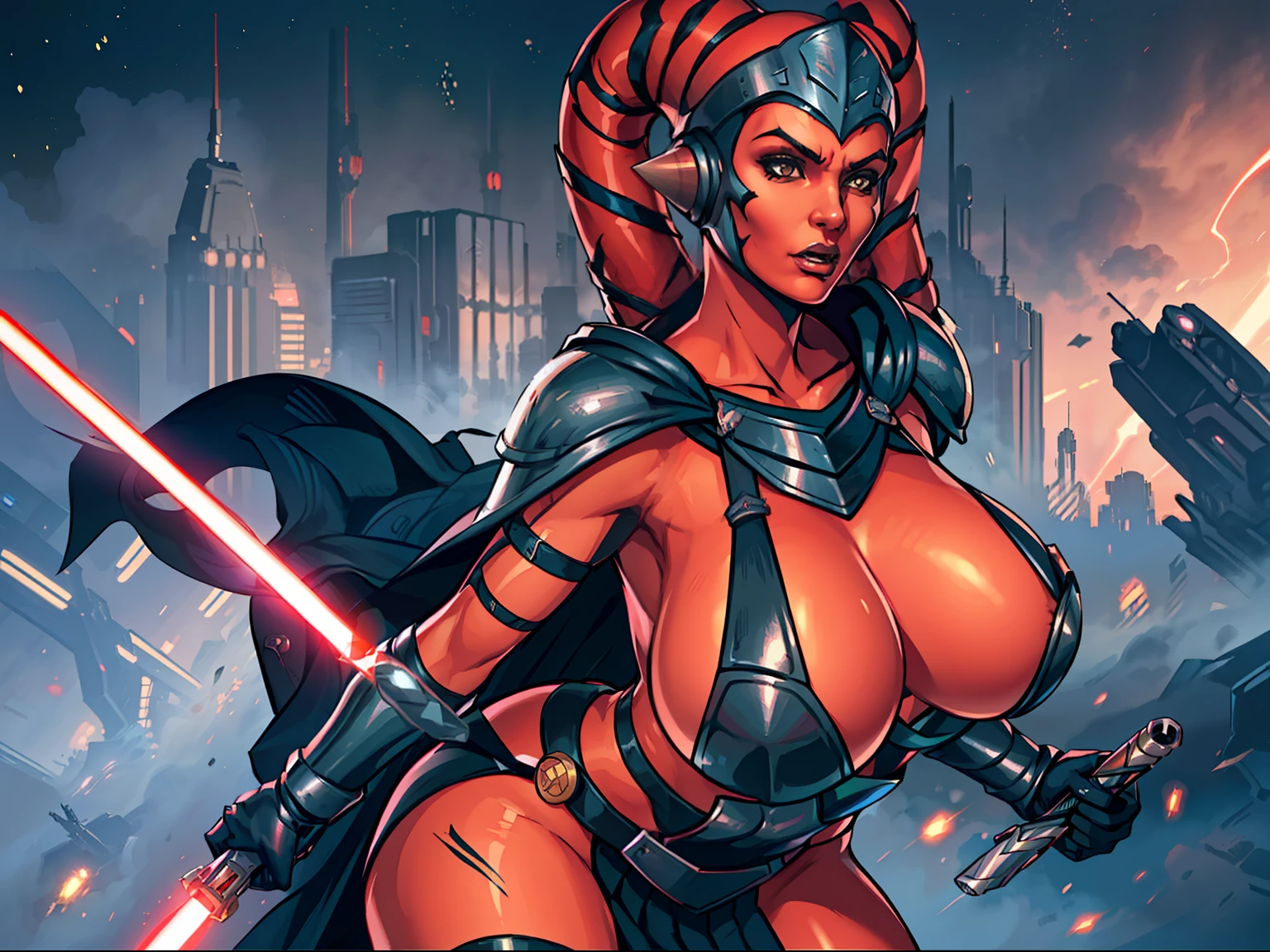 Gorgeous big tits Twi'lek woman in an action scene, (((fighting, swordfight, dual red lightsabers))), dynamic action, masterpiece, best quality, high-definition, armor, busty, ((red skin), twi'lek), dual red lightsabers, evil space knight, space ninja, (wearing black robes, black stealth armor, breastplate, tunic, tabard, cowl, cloak, body glove, straps, buckles, skirts, long sleeves, fantasy, ((armor))), ((busty), slender body, thin, slim sexy body, slim waist, ((gigantic breasts))), Imperial starship, Star Wars, futuristic city, warzone, soldiers in black armor