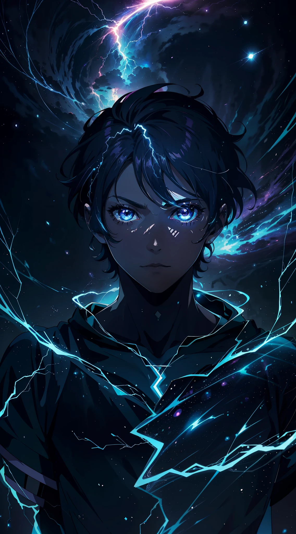 A close-up of a boy with a purple and blue background full of lightning, Aura negra brillante, Aura malvada, Anime 8K, An epic anime of a being with lightning powers, epic anime style, Aura amenazante, Aura de oscuridad, evolucionando hacia su forma final, Aura de poder brillante, Cosmic power shining and blossoming, Muchos rayos rodean al personaje