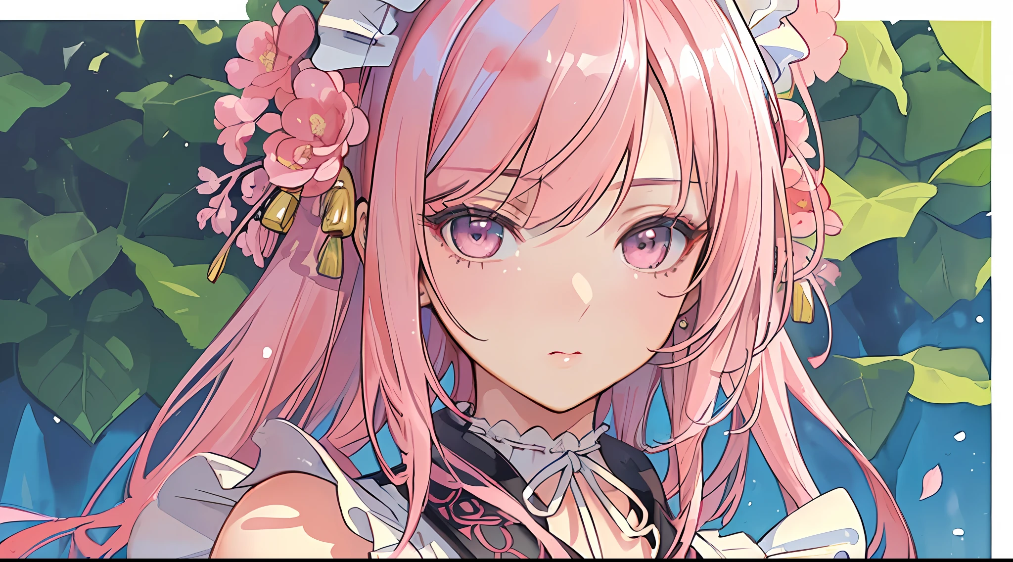 (masterpiece:1.3), (best quality:1.1), ((1girl)), ((solo)), (finely detailed eyes and detailed face:1.3), (beautiful and clear background:1.2), (extremely detailed CG, ultra-detailed, best shadow:1.1), ((depth of field)), ((watercolor)), (mature female),(kimono:1.3), large breasts, bare shoulders, flowers and petals, beautiful concept illustration,(( long pink hair,white lace neck,maid headdress)),(white background:0.5), (illustration:1.1), (extremely fine and beautiful:1.1), (perfect details:1.1), cowboy shot,(close up),facing viewer,upper body,focus on face