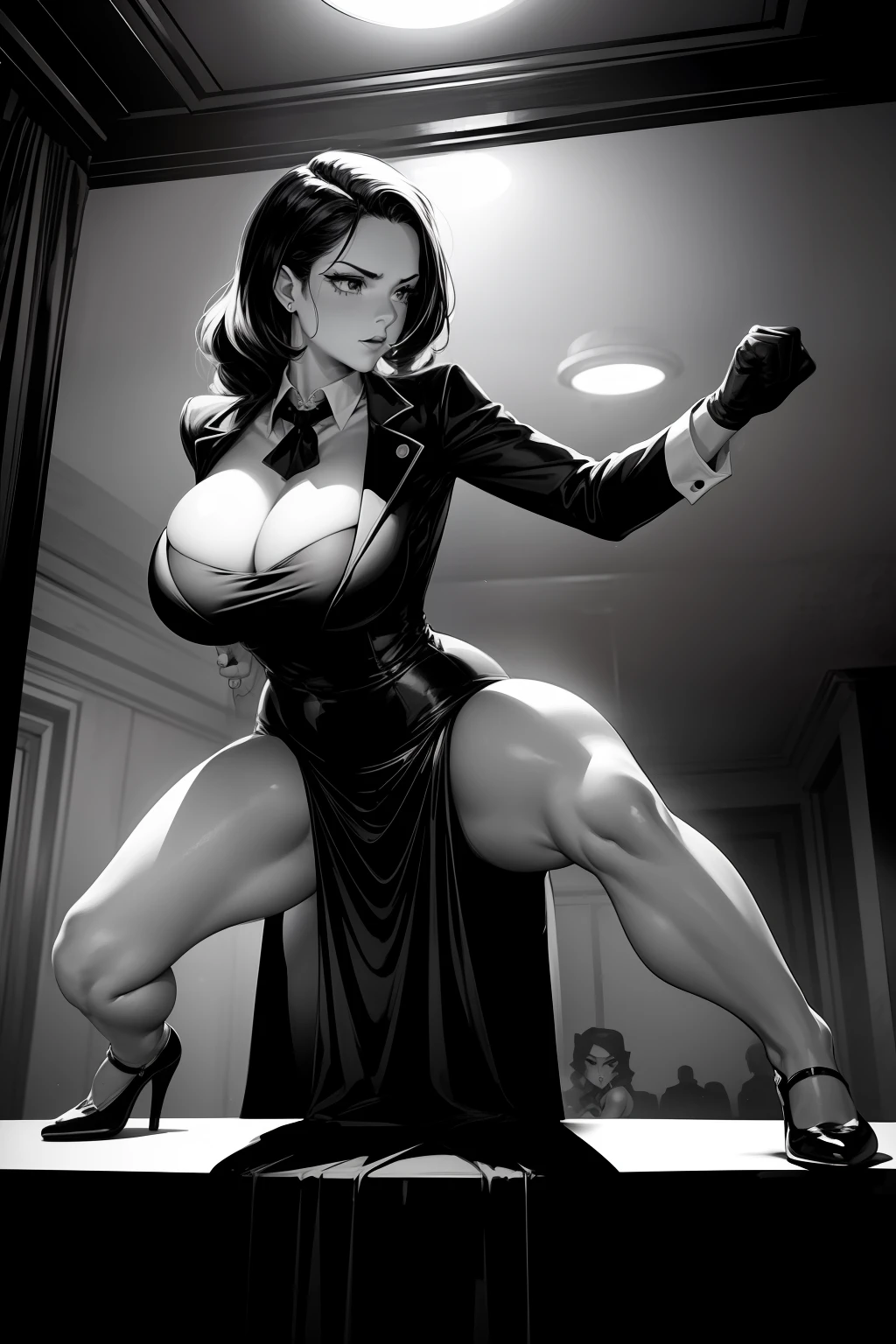 upper body portrait, monochrome, black and white, Film noir screen cap ,(8K), (large masterpiece photograph), stunning femme fatale in stylish 1940s dress Chicago nighclub, seductive, beautiful, closed fists
