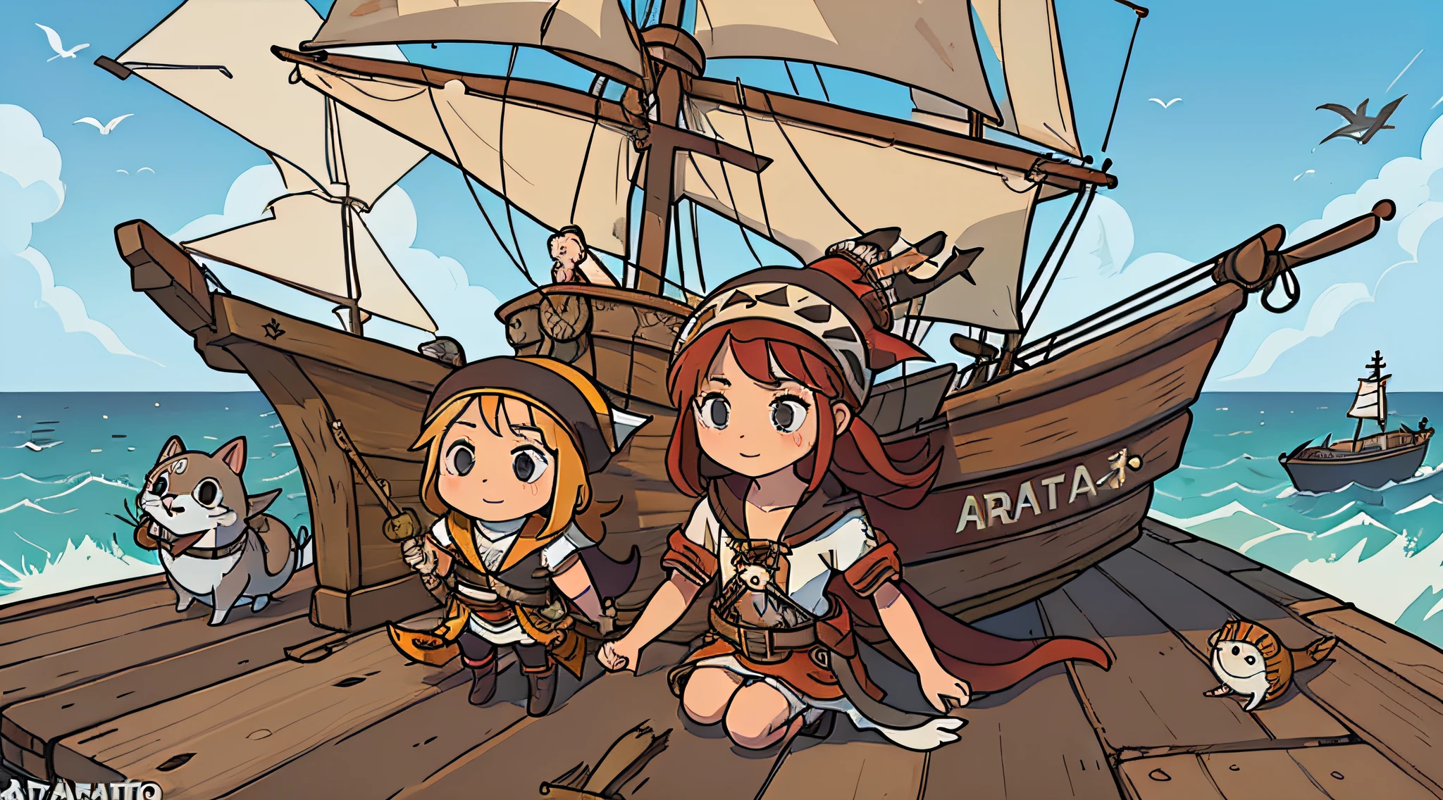 ((Gata branca (animal) vestida de pirata)+(navio no alto mar))|(amigo esquilo)+(amiga rata)