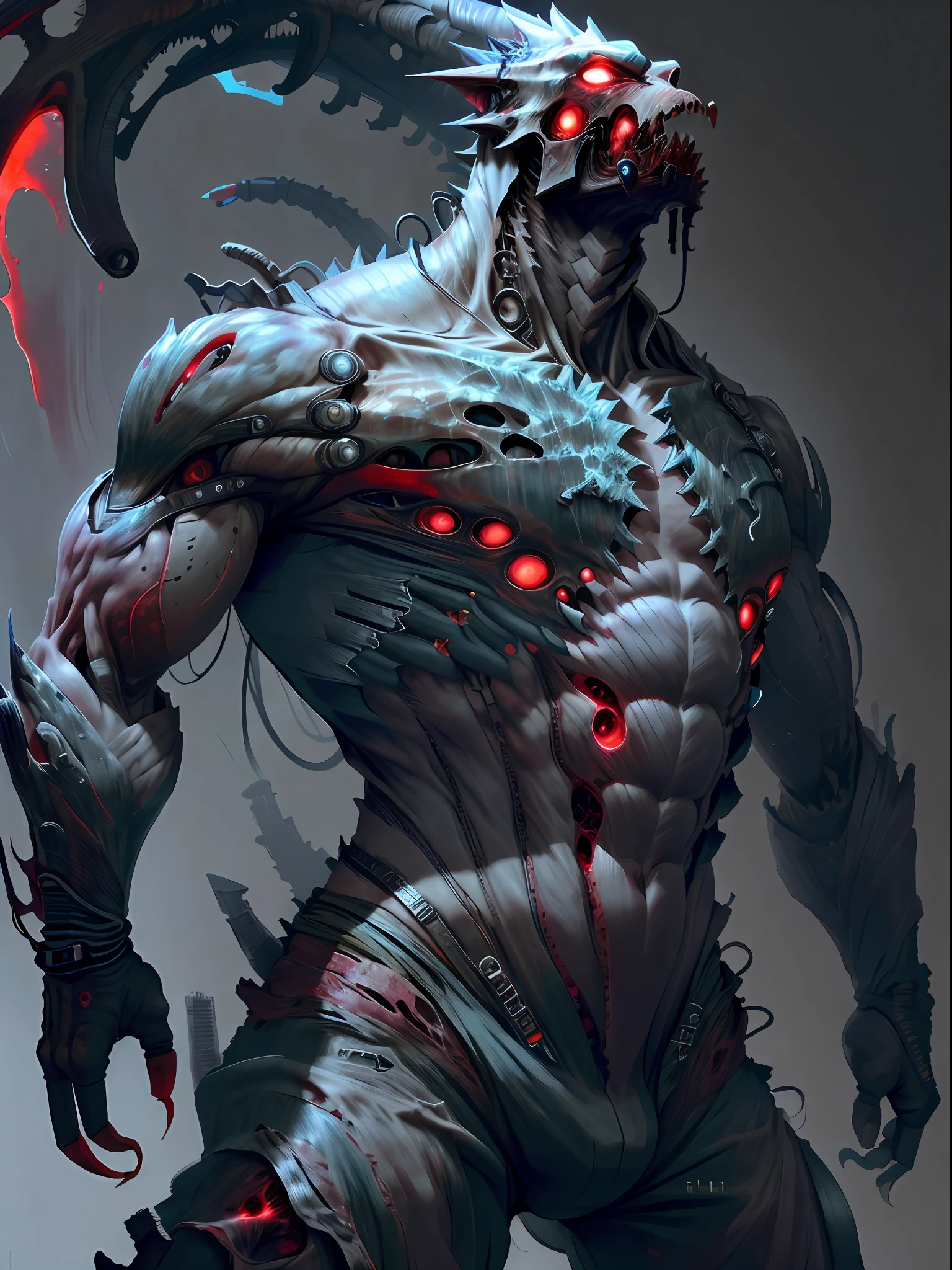 Biopunk artificial intelligence dragonman，Shabby black shorts，Liquid spills from the crotch，Red-black skin，nakeness，Strong，Chemical and biological weapons，drools，Sharp claws，Lower body outflow fluid