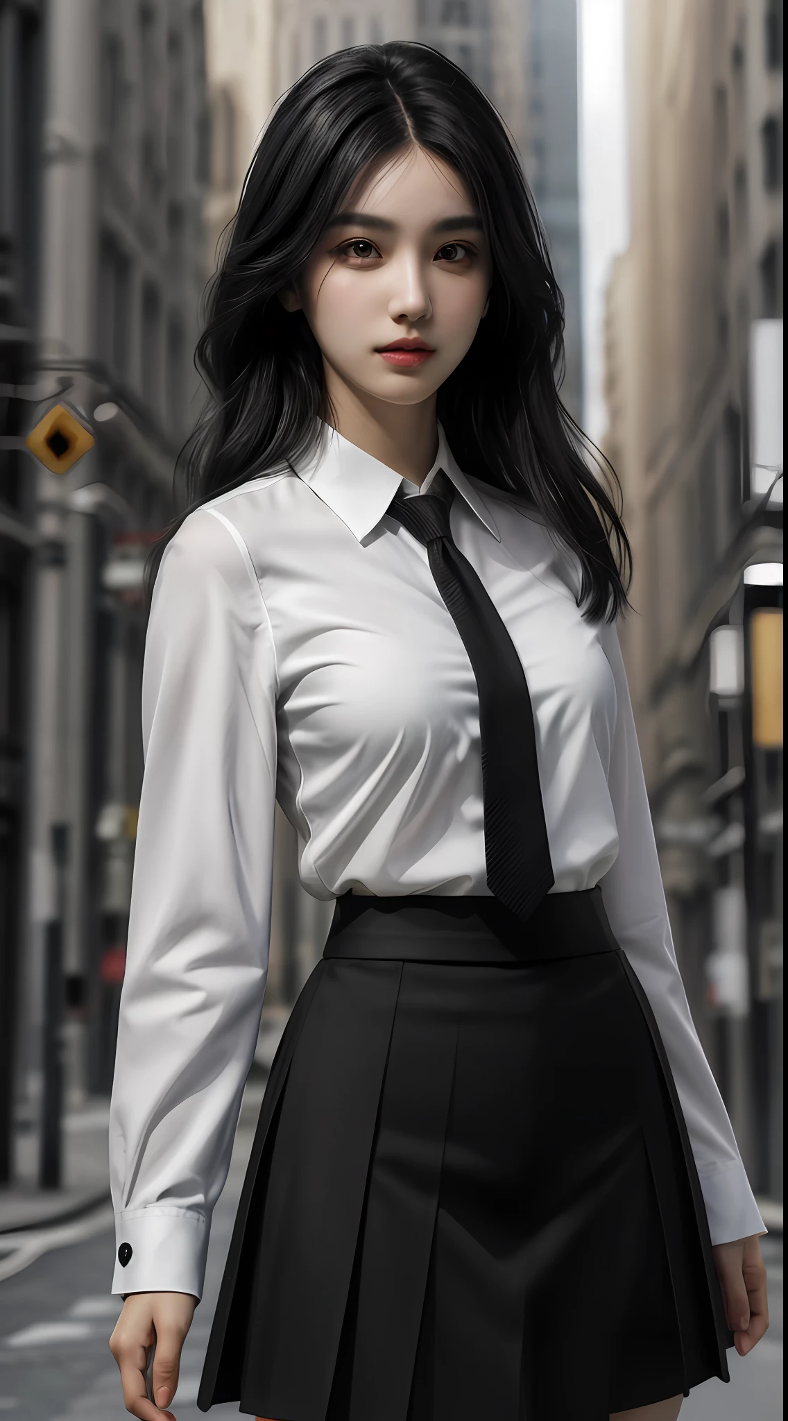 1girl, ((upper body, narrow waist, girl, black hair)), (front view, from front), looking at viewer, Best quality, masterpiece, ultra high res, (photorealistic:1.4), 8k, clean, (incredibly absurdres, ultra-detailed,CG ,unity ,8k wallpaper), (detailed face :1.4),(beautiful detailed eyes :1.2),(detailed hair), light on face, cinematic lighting, perfect face, lips, adult, solo, black businessman suit, white collared shirt, black skirt,(( wheaten skin, real skin))