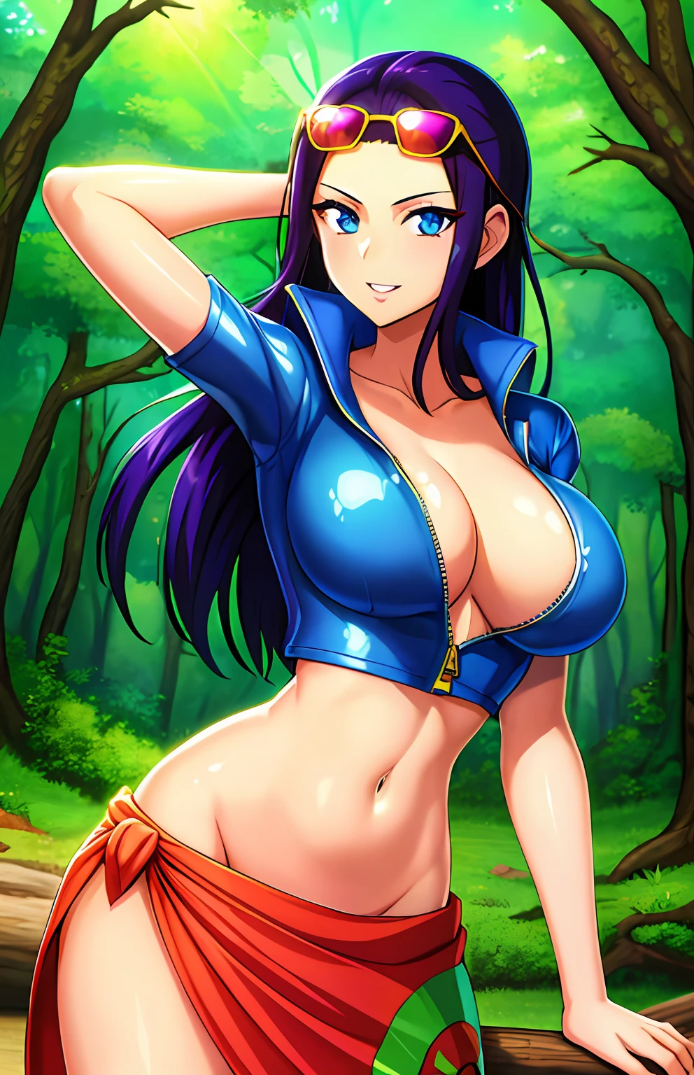 modern anime,masterpiece, best quality, 1girl, cave, nico robin,forest, shiny skin,large breasts, long hair, blue collared jacket, crop top, midriff, navel, sarong, eyewear on head, zipper, Partially unzipped, smiling, parted lips, cowboy shot