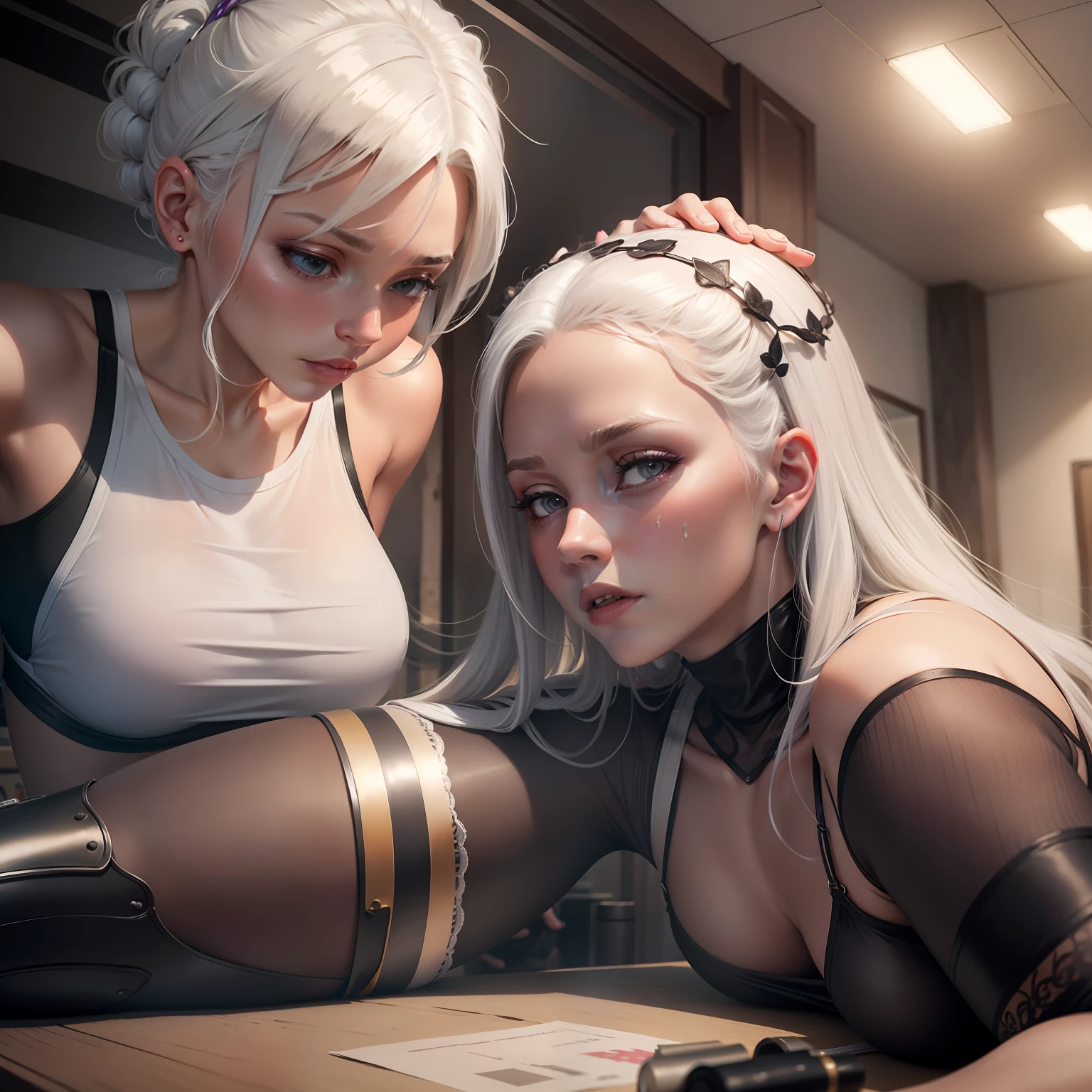 The white-haired woman is dressed in erotic underwear and covered in essential oils, waiting for training