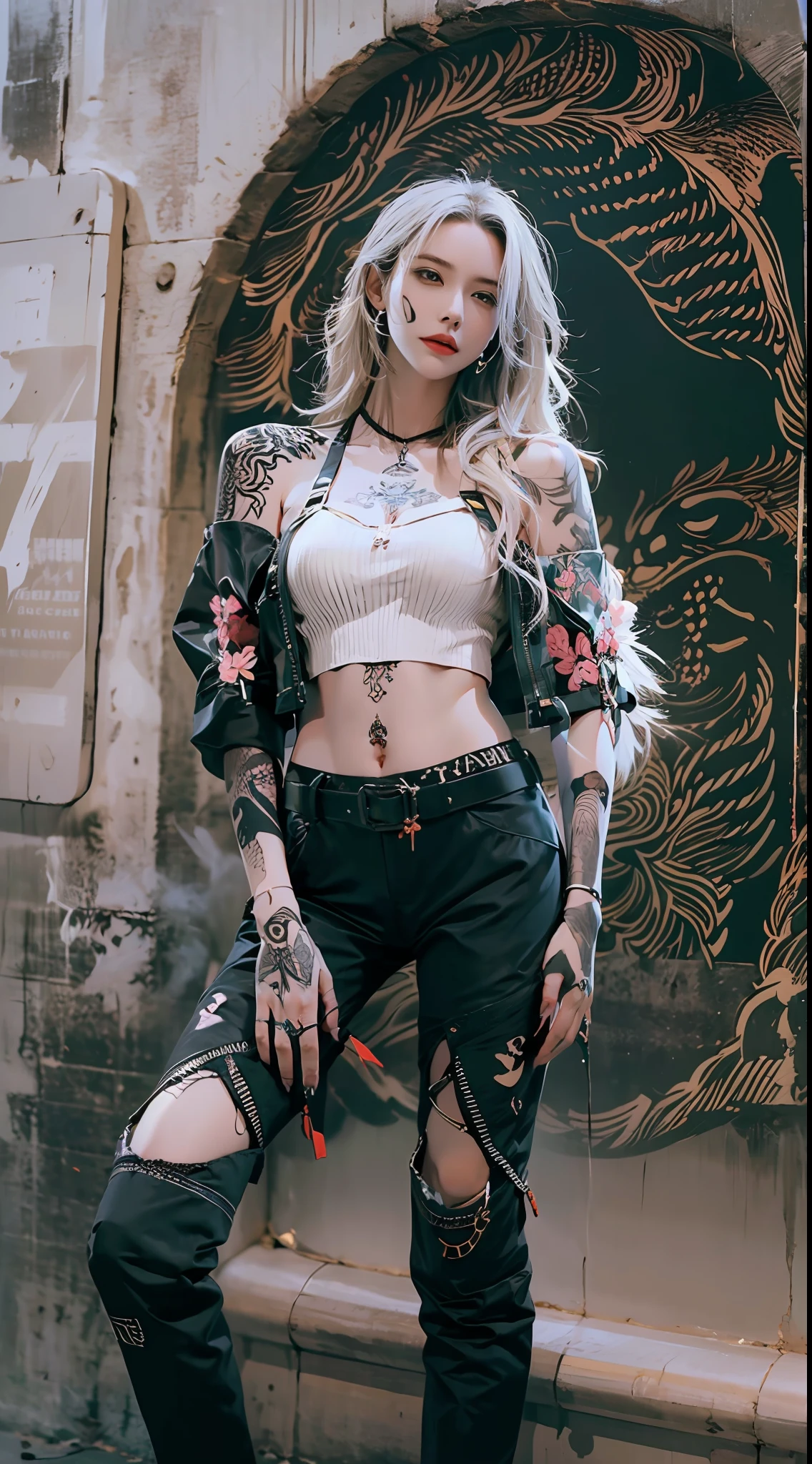  beautiful cool girl, Detailed Evil Eye, (incredibily detailed, long  white hair，skull tattoo，Flower arm tattoo，Cinematic ultra-wide angle, Depth of failure, ultra - detailed, insanely details, Ultra photo realsisim, high resolution, Cinematic lighting, Soft lighting, Incredible quality, Realistic skin,Solo,Beautiful face,Large breasts,((Wrap the chest)),low legs,(Off-the-shoulder cropped leather jacket),(One shoulder strap comes off),wavy and long hair, Cowboy shot, Smooth shoulders,Slim waist,dynamic shot,Hair and landscape,The eye,yuyao,(Julia,Fox,(smokes:1))