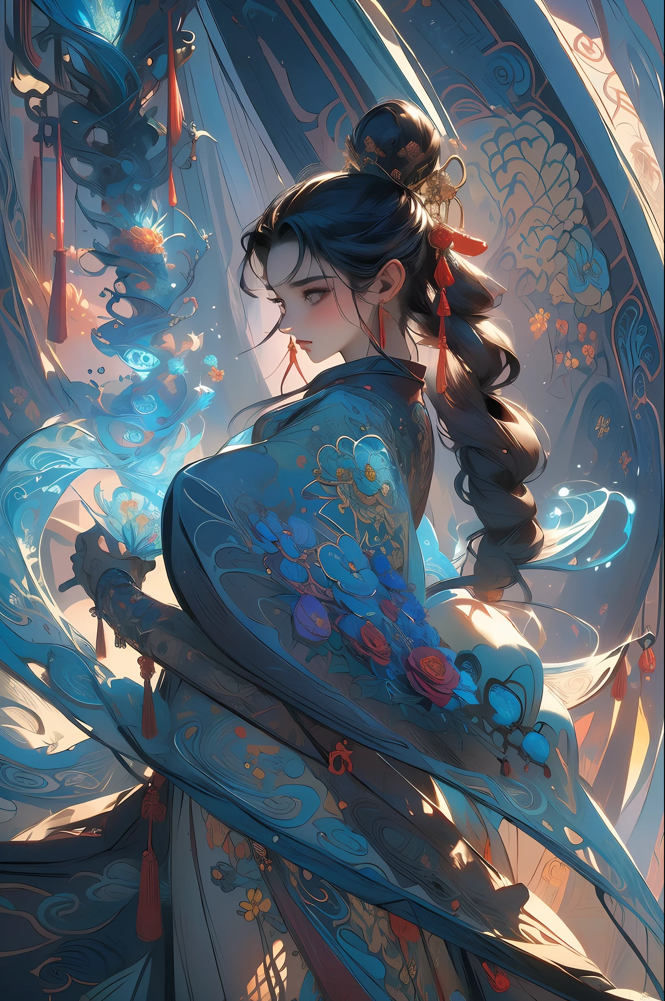 (masterpiece, top quality, best quality, official art, beautiful and aesthetic:1.2), (1girl:1.3), extremely detailed,(fractal art:1.1),(colorful:1.1)(flowers:1.3),highest detailed,(zentangle:1.2), (dynamic pose), (abstract background:1.3), (chinese Traditional cloth:1.2), (shiny skin), (many colors:1.4), ,(earrings:1.4),