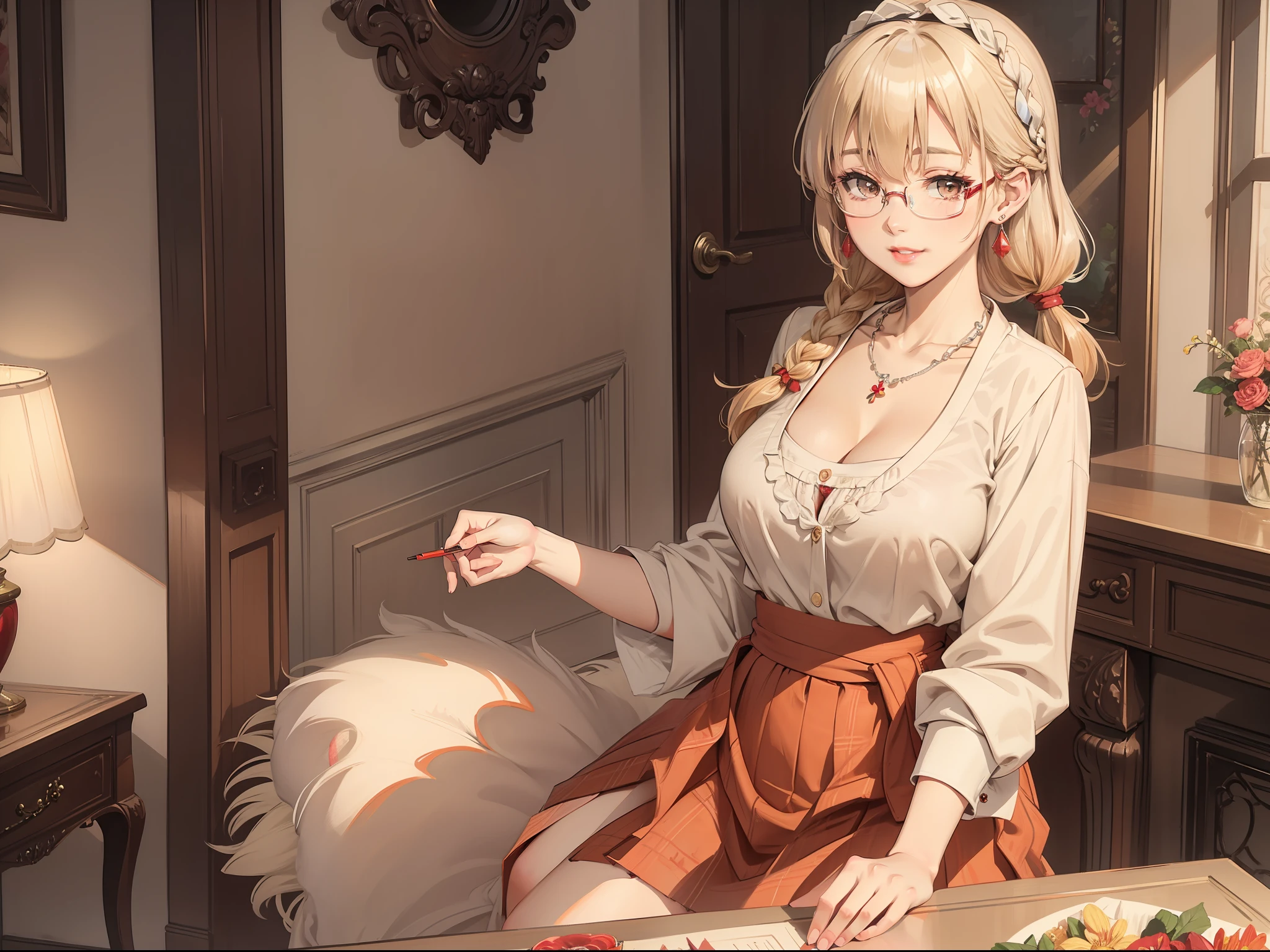 ((Solo)), Eyes not looking at the camera, Shy look, Woman blushing, Smooth skin, extremely high detail, Random movement, Large breasts, cleavage, a blond, Medium Hair, Bangs, braid, (lightsmile), Collared shirt, Pleated skirt, earrings, Red Lip, Silver necklace, livingroom, Glasses, floral hair band