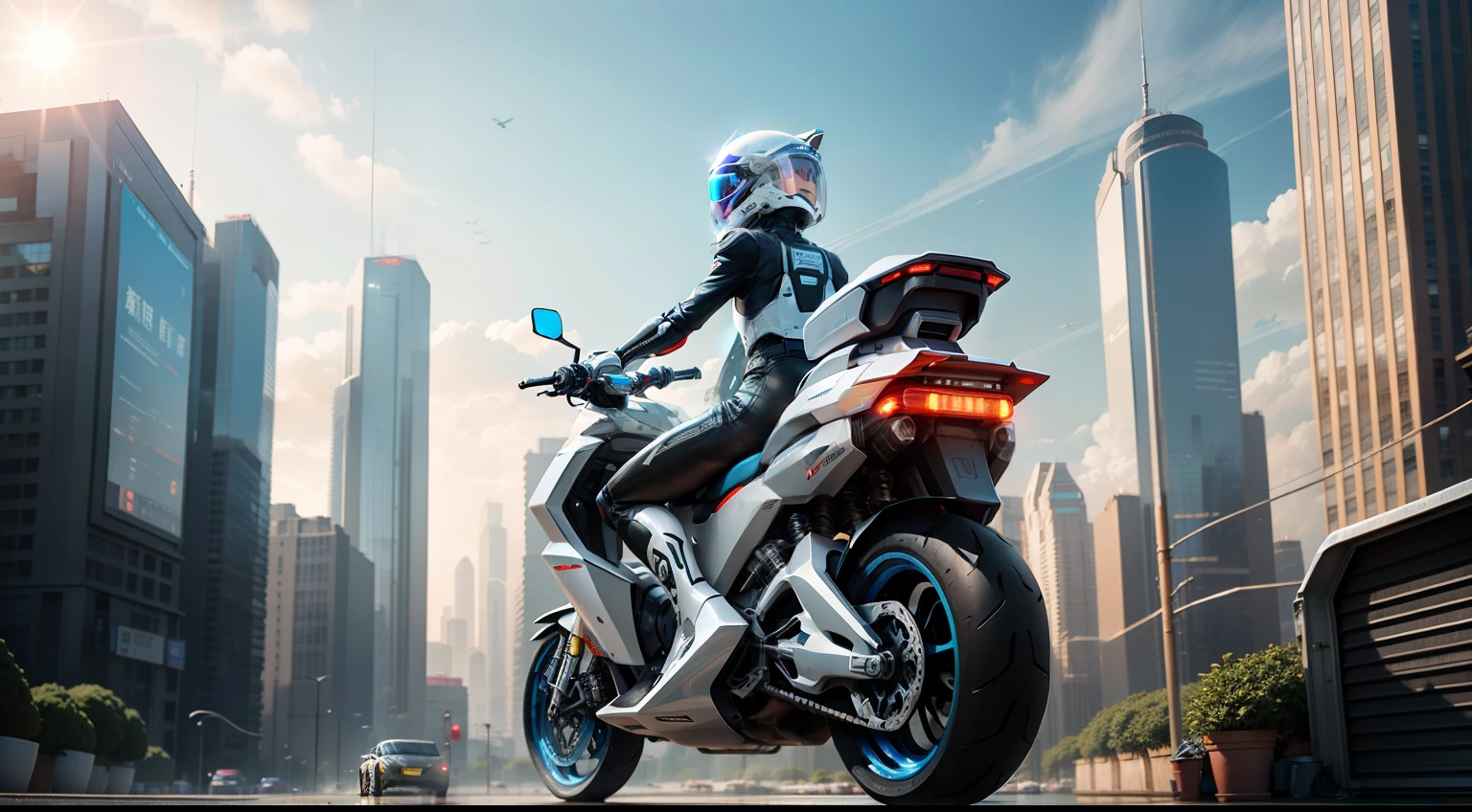 I came to the garage,Hop on a hoverbike,Start Autopilot,Let it take me to school。Under the sunlight,The whole city is shining silver,Huge holographic ads and sky speeders are everywhere。The towering smart building makes it look like a futuristic painting