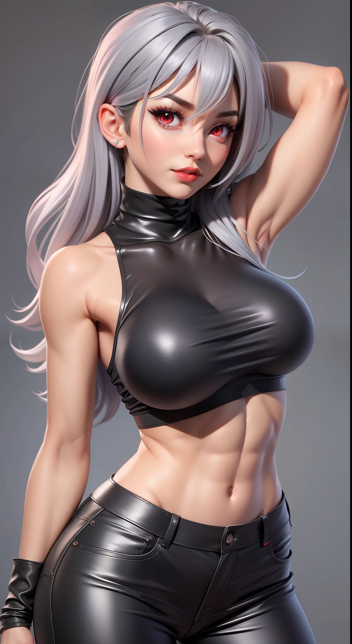 girl, bangs, bare shoulders, black pants, breasts, breasts squeezed together, gray background, hair between eyes, long hair, view viewer, pants, parted lips, red eyes, shirt, simple background, sleeveless, sleeveless shirt, solo, turtleneck, V-arms, gray hair, (shiny skin), (masterpiece: 1.4), (best quality: 1.4), ,,, Facigirl, red lips, perfect abs, navel, (:1.5), (transparent areola), , huge, sweat, You have to make sure that it is not inappropriate for children and can be displayed