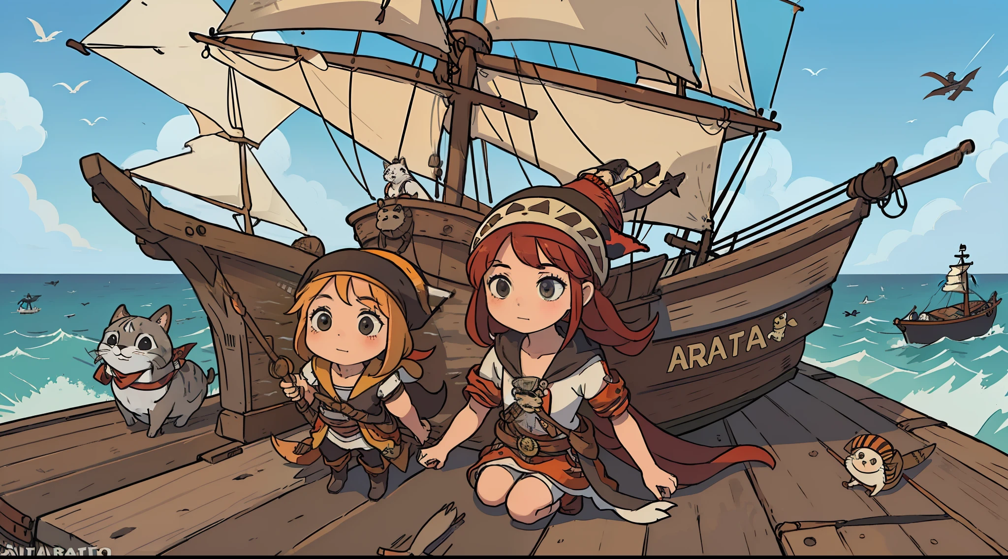 ((Gata branca (animal) vestida de pirata)+(navio no alto mar))|(amigo esquilo)+(amiga rata)